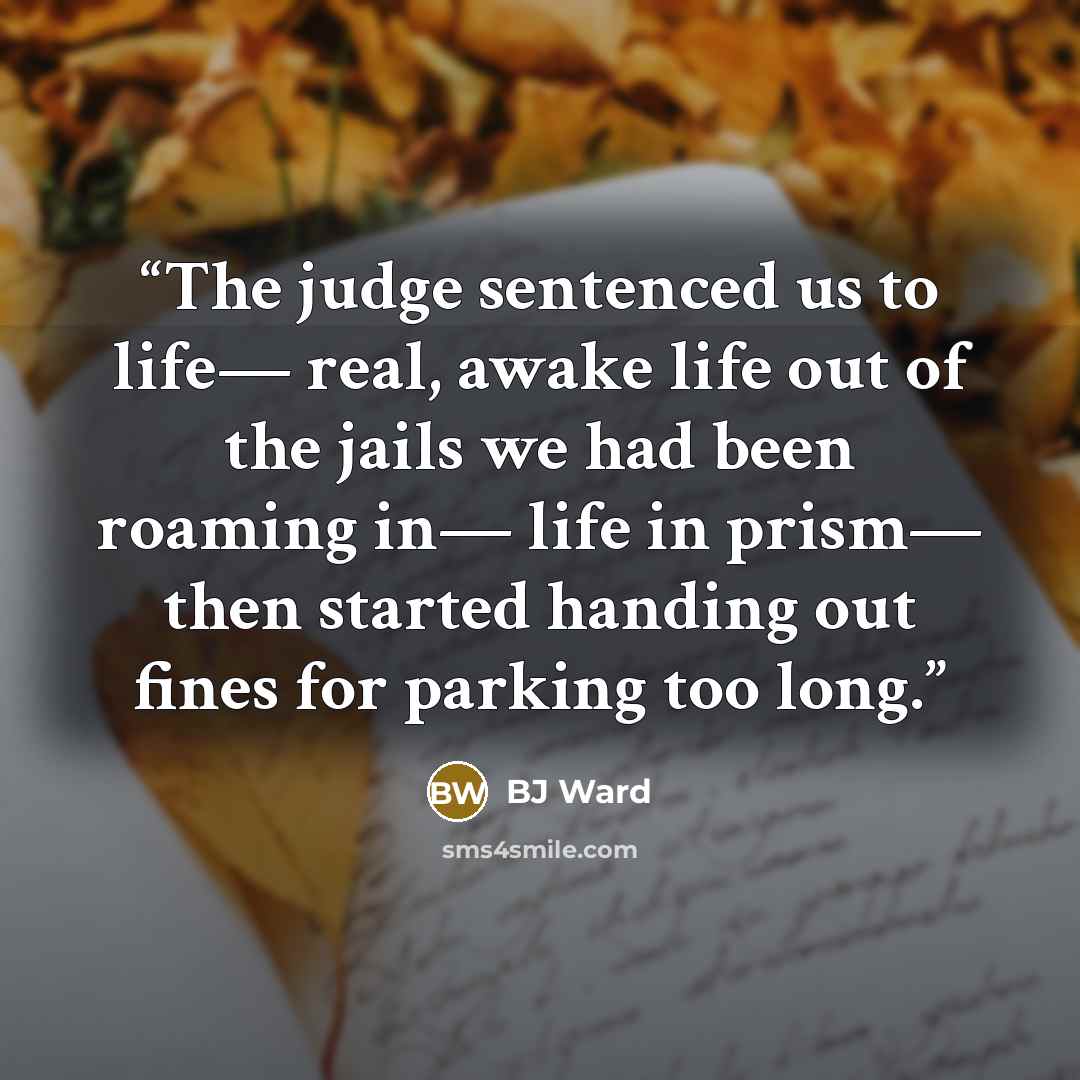 “The judge sentenced us to life— real, awake life out of the jails we had been roaming in— life in prism— then started handing out fines for parking too long.” quote by BJ Ward