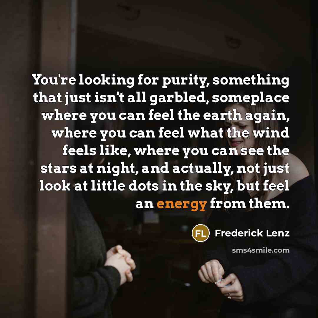 “You're looking for purity, something that just isn't all garbled, someplace where you can feel the earth again, where you can feel what the wind feels like, where you can see the stars at night, and actually, not just look at little dots in the sky, but feel an energy from them.” quote by Frederick Lenz