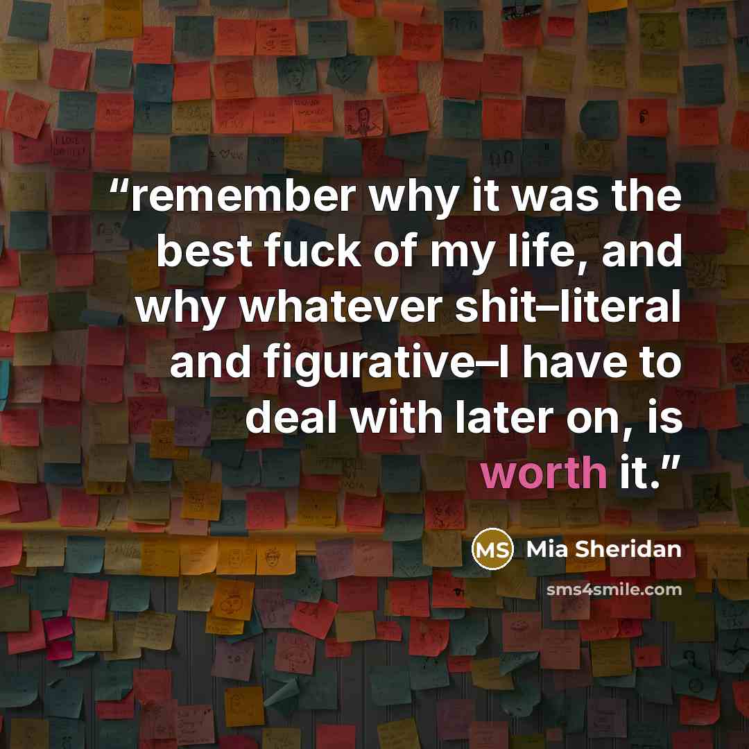 “remember why it was the best fuck of my life, and why whatever shit–literal and figurative–I have to deal with later on, is worth it.” quote by Mia Sheridan