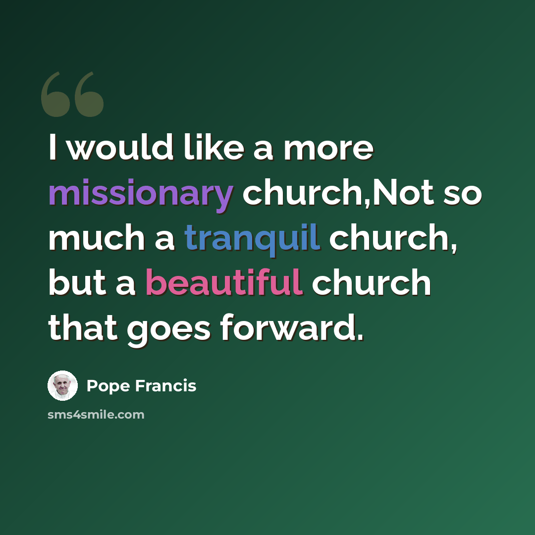 “I would like a more missionary church,Not so much a tranquil church, but a beautiful church that goes forward.” quote by Pope Francis