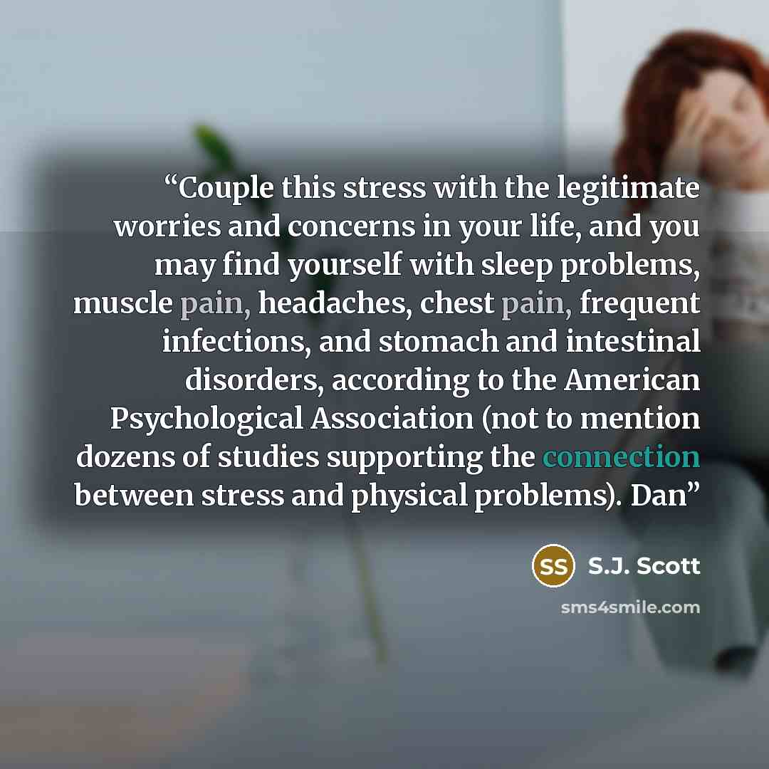 “Couple this stress with the legitimate worries and concerns in your life, and you may find yourself with sleep problems, muscle pain, headaches, chest pain, frequent infections, and stomach and intestinal disorders, according to the American Psychological Association (not to mention dozens of…” quote by S.J. Scott