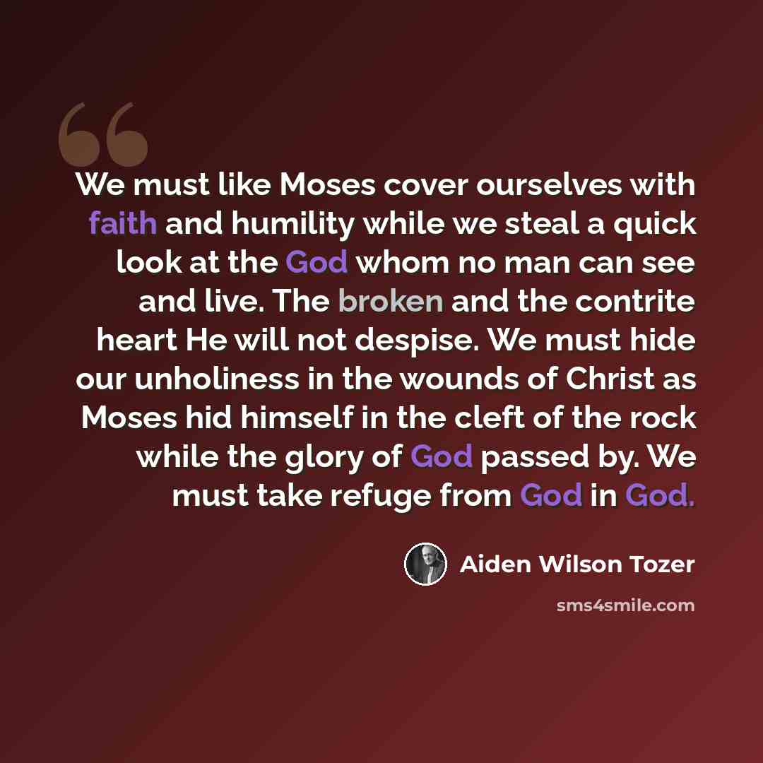 “We must like Moses cover ourselves with faith and humility while we steal a quick look at the God whom no man can see and live. The broken and the contrite heart He will not despise. We must hide our unholiness in the wounds of Christ as Moses hid himself in the cleft of the rock while the glory…” quote by Aiden Wilson Tozer