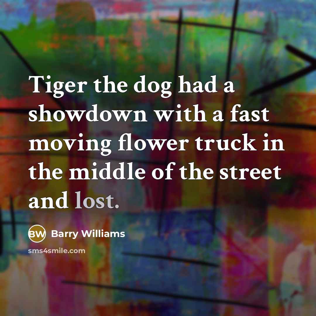 “Tiger the dog had a showdown with a fast moving flower truck in the middle of the street and lost.” quote by Barry Williams