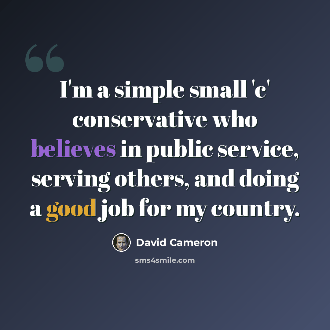 “I'm a simple small 'c' conservative who believes in public service, serving others, and doing a good job for my country.” quote by David Cameron
