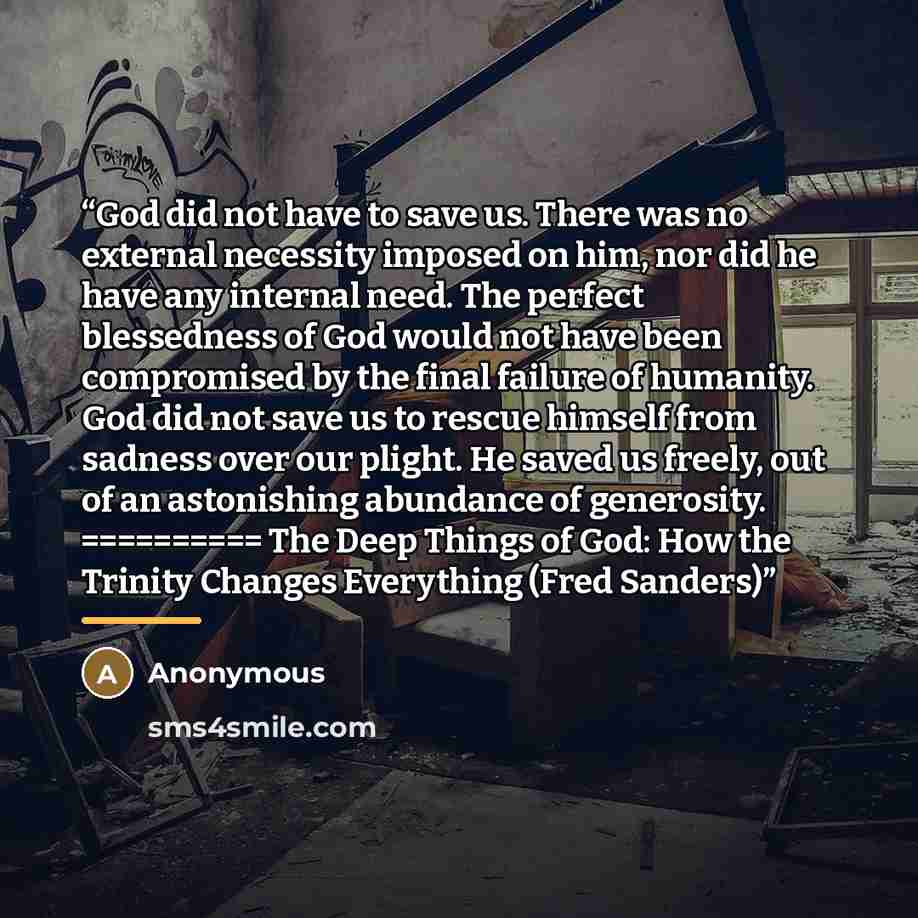 “God did not have to save us. There was no external necessity imposed on him, nor did he have any internal need. The perfect blessedness of God would not have been compromised by the final failure of humanity. God did not save us to rescue himself from sadness over our plight. He saved us freely…” quote by Anonymous