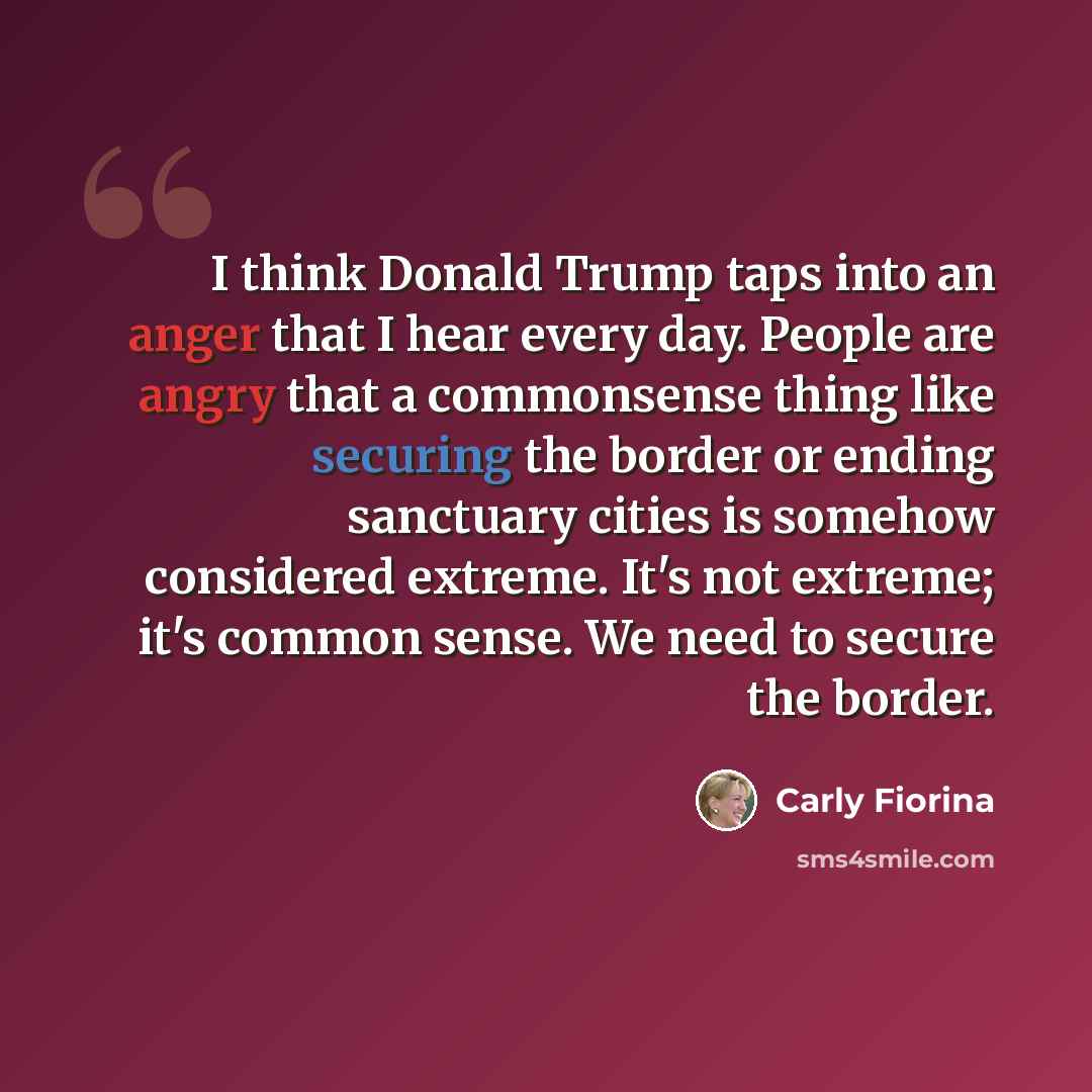 “I think Donald Trump taps into an anger that I hear every day. People are angry that a commonsense thing like securing the border or ending sanctuary cities is somehow considered extreme. It's not extreme; it's common sense. We need to secure the border.” quote by Carly Fiorina