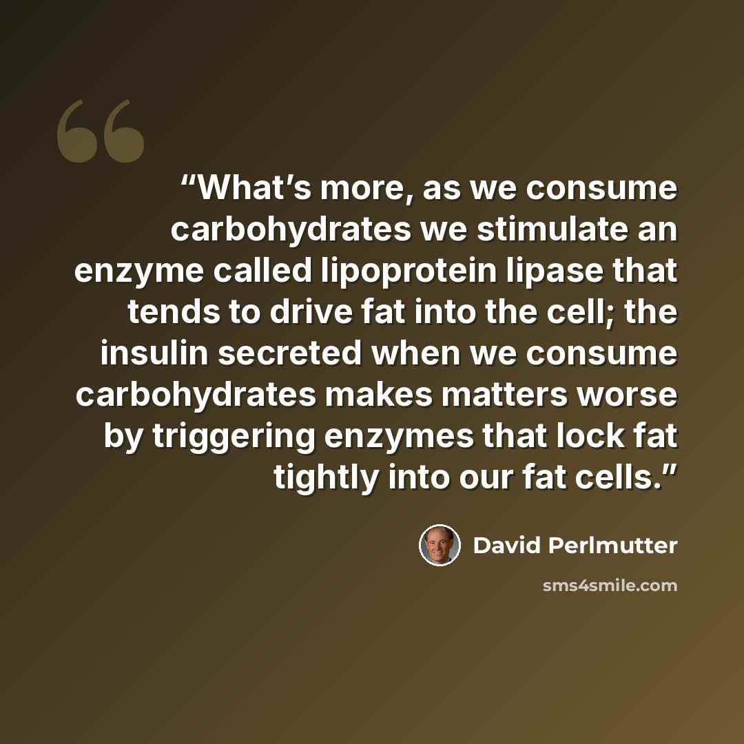 “What’s more, as we consume carbohydrates we stimulate an enzyme called lipoprotein lipase that tends to drive fat into the cell; the insulin secreted when we consume carbohydrates makes matters worse by triggering enzymes that lock fat tightly into our fat cells.” quote by David Perlmutter
