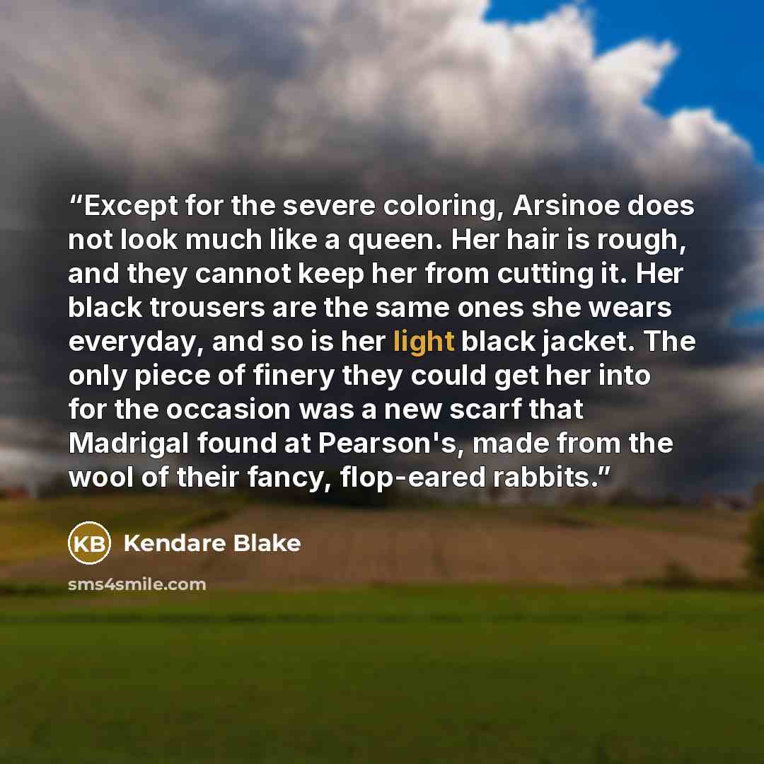“Except for the severe coloring, Arsinoe does not look much like a queen. Her hair is rough, and they cannot keep her from cutting it. Her black trousers are the same ones she wears everyday, and so is her light black jacket. The only piece of finery they could get her into for the occasion was a…” quote by Kendare Blake