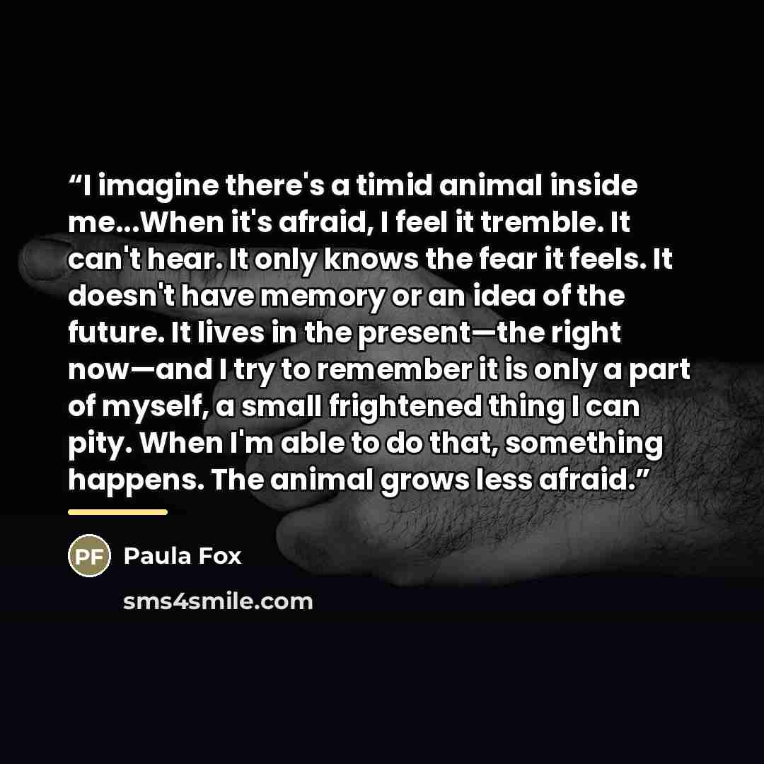 “I imagine there's a timid animal inside me...When it's afraid, I feel it tremble. It can't hear. It only knows the fear it feels. It doesn't have memory or an idea of the future. It lives in the present—the right now—and I try to remember it is only a part of myself, a small frightened thing I can…” quote by Paula Fox
