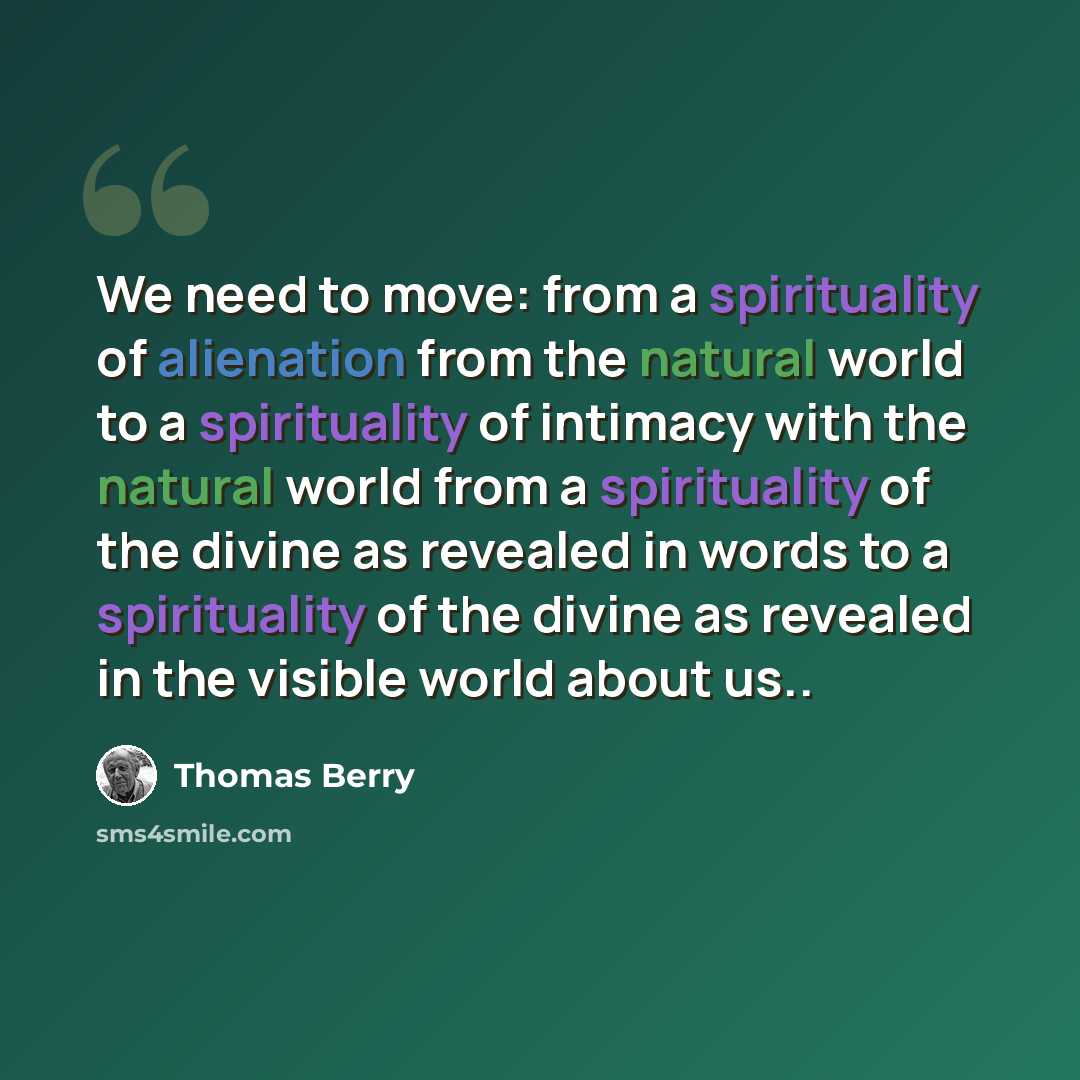 “We need to move: from a spirituality of alienation from the natural world to a spirituality of intimacy with the natural world from a spirituality of the divine as revealed in words to a spirituality of the divine as revealed in the visible world about us..” quote by Thomas Berry