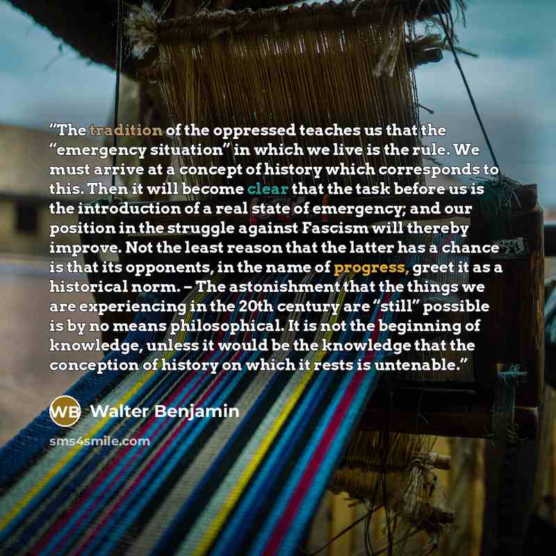 “The tradition of the oppressed teaches us that the “emergency situation” in which we live is the rule. We must arrive at a concept of history which corresponds to this. Then it will become clear that the task before us is the introduction of a real state of emergency; and our position in the…” quote by Walter Benjamin