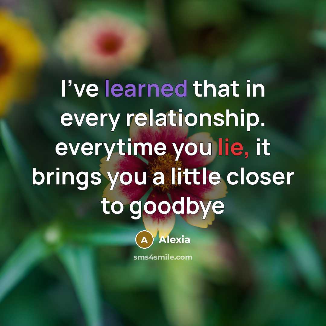 “I've learned that in every relationship. everytime you lie, it brings you a little closer to goodbye” quote by Alexia