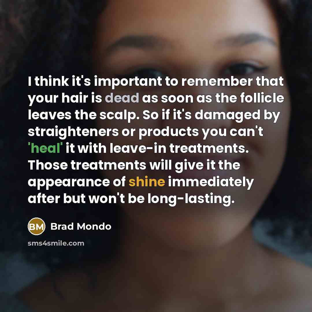 “I think it's important to remember that your hair is dead as soon as the follicle leaves the scalp. So if it's damaged by straighteners or products you can't 'heal' it with leave-in treatments. Those treatments will give it the appearance of shine immediately after but won't be long-lasting.” quote by Brad Mondo