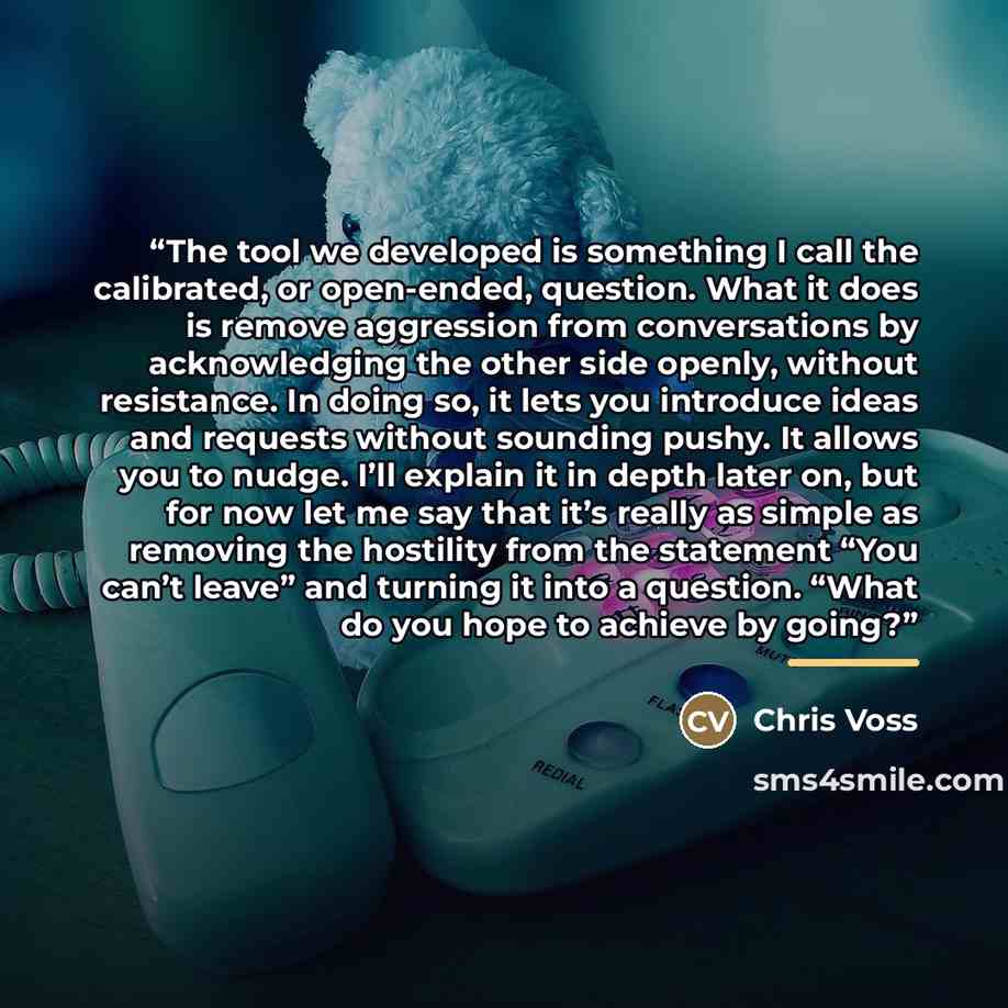 “The tool we developed is something I call the calibrated, or open-ended, question. What it does is remove aggression from conversations by acknowledging the other side openly, without resistance. In doing so, it lets you introduce ideas and requests without sounding pushy. It allows you to nudge…” quote by Chris Voss