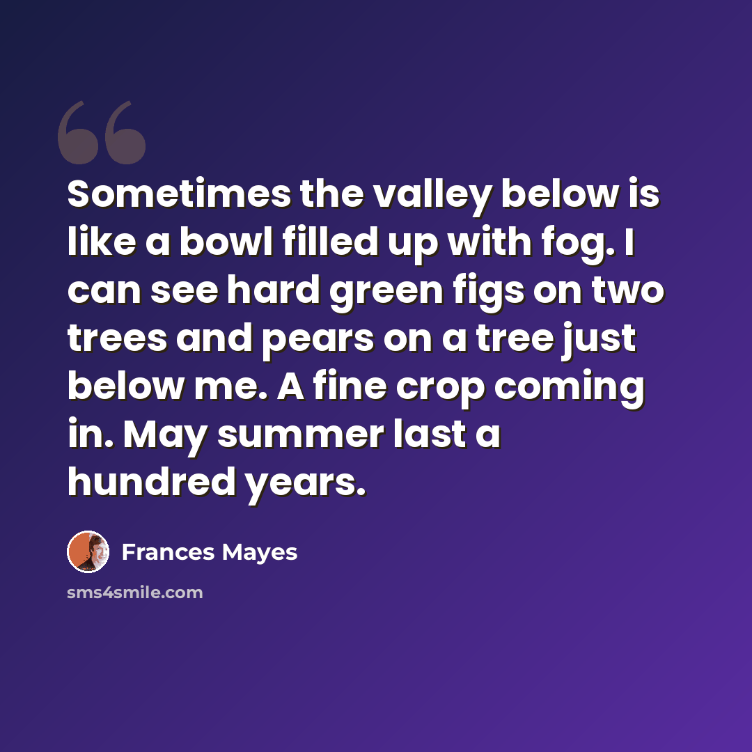 “Sometimes the valley below is like a bowl filled up with fog. I can see hard green figs on two trees and pears on a tree just below me. A fine crop coming in. May summer last a hundred years.” quote by Frances Mayes