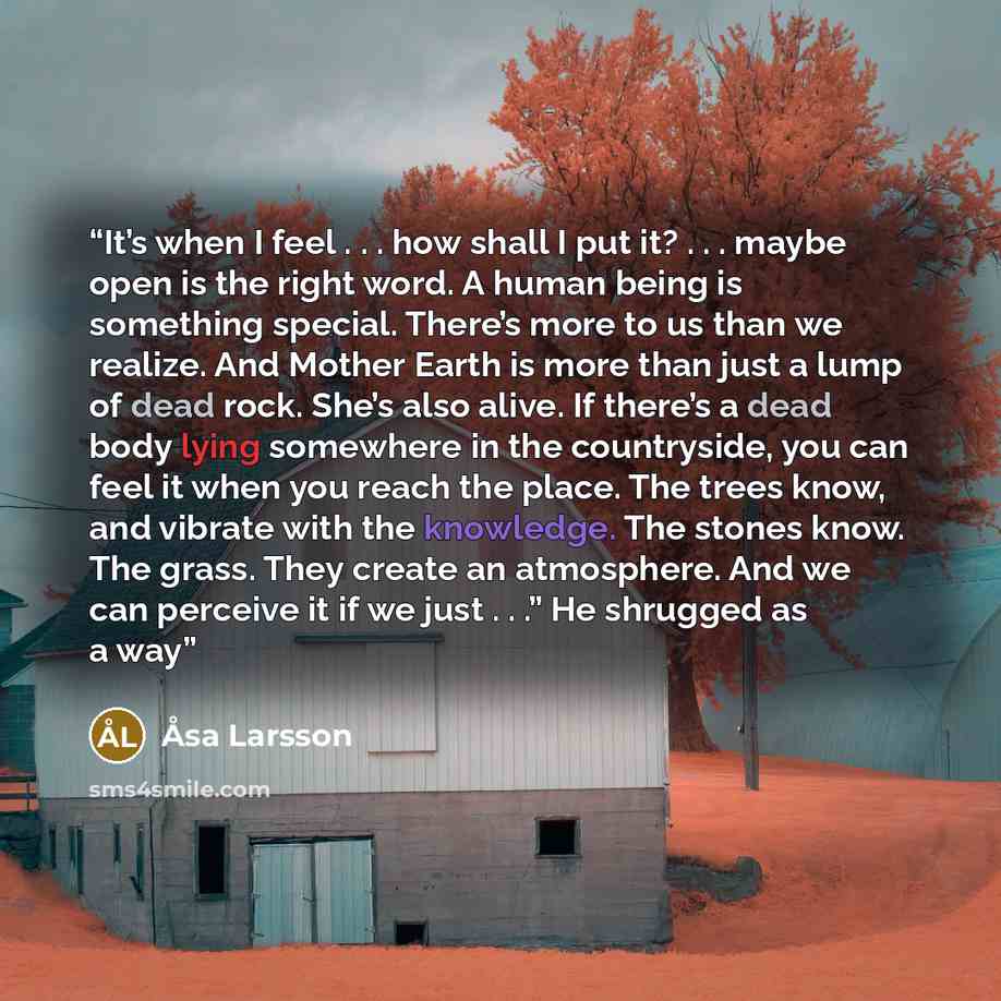 “It’s when I feel . . . how shall I put it? . . . maybe open is the right word. A human being is something special. There’s more to us than we realize. And Mother Earth is more than just a lump of dead rock. She’s also alive. If there’s a dead body lying somewhere in the countryside, you can feel…” quote by Åsa Larsson