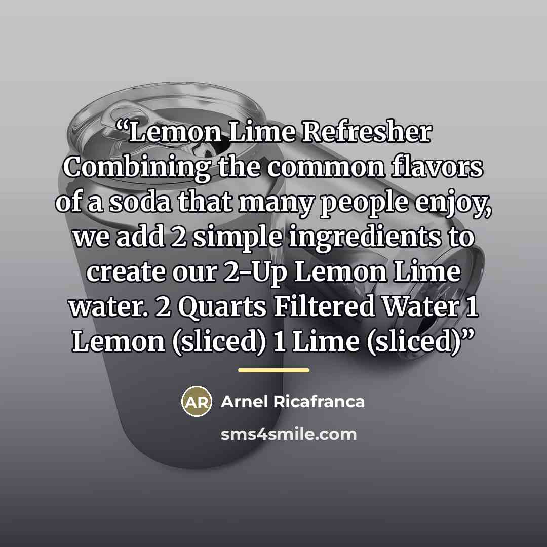 “Lemon Lime Refresher Combining the common flavors of a soda that many people enjoy, we add 2 simple ingredients to create our 2-Up Lemon Lime water. 2 Quarts Filtered Water 1 Lemon (sliced) 1 Lime (sliced)” quote by Arnel Ricafranca