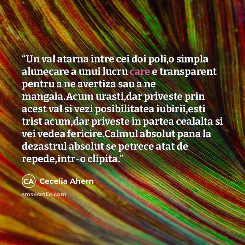 “Un val atarna intre cei doi poli,o simpla alunecare a unui lucru care e transparent pentru a ne avertiza sau a ne mangaia.Acum urasti,dar priveste prin acest val si vezi posibilitatea iubirii,esti trist acum,dar priveste in partea cealalta si vei vedea fericire.Calmul absolut pana la dezastrul…” quote by Cecelia Ahern
