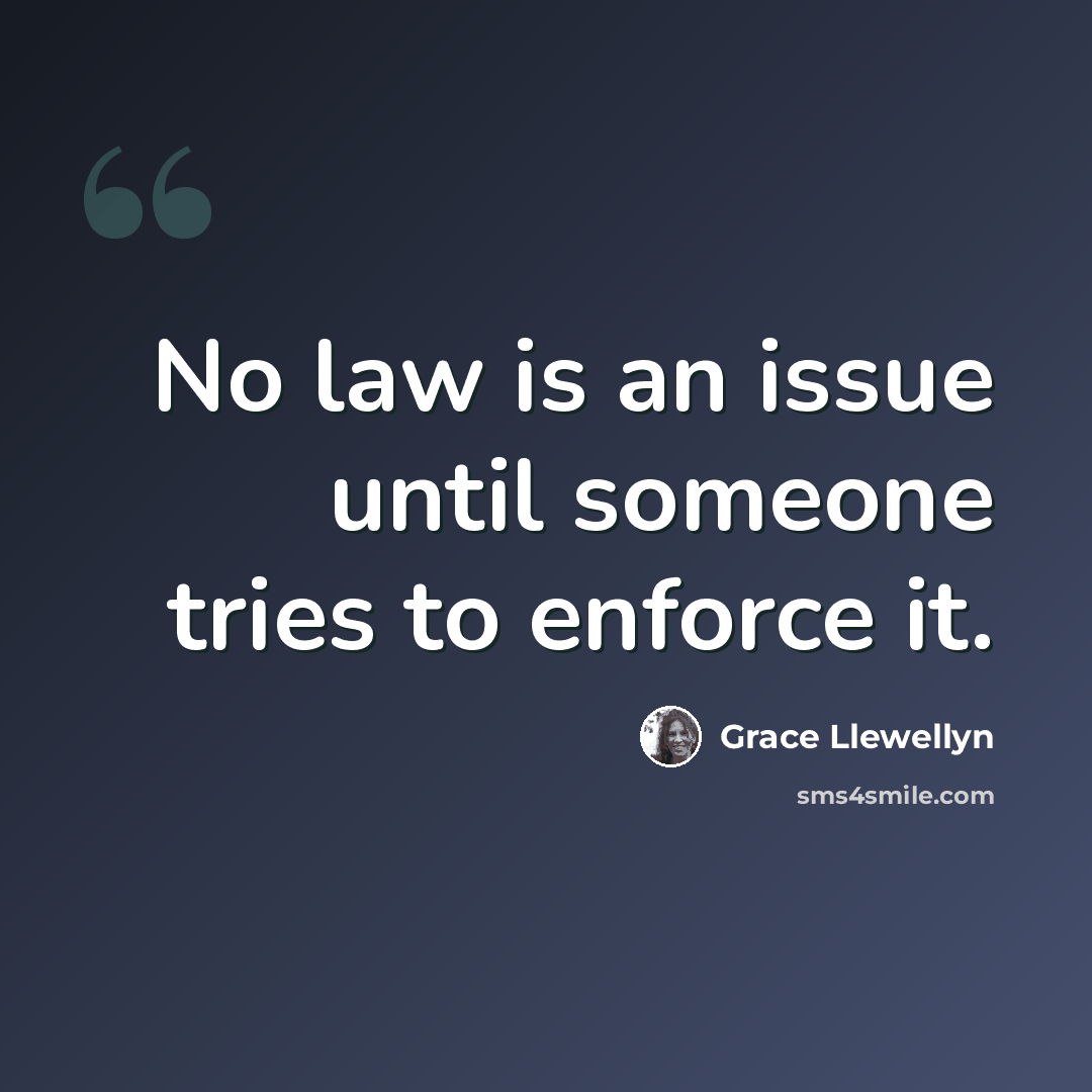 “No law is an issue until someone tries to enforce it.” quote by Grace Llewellyn