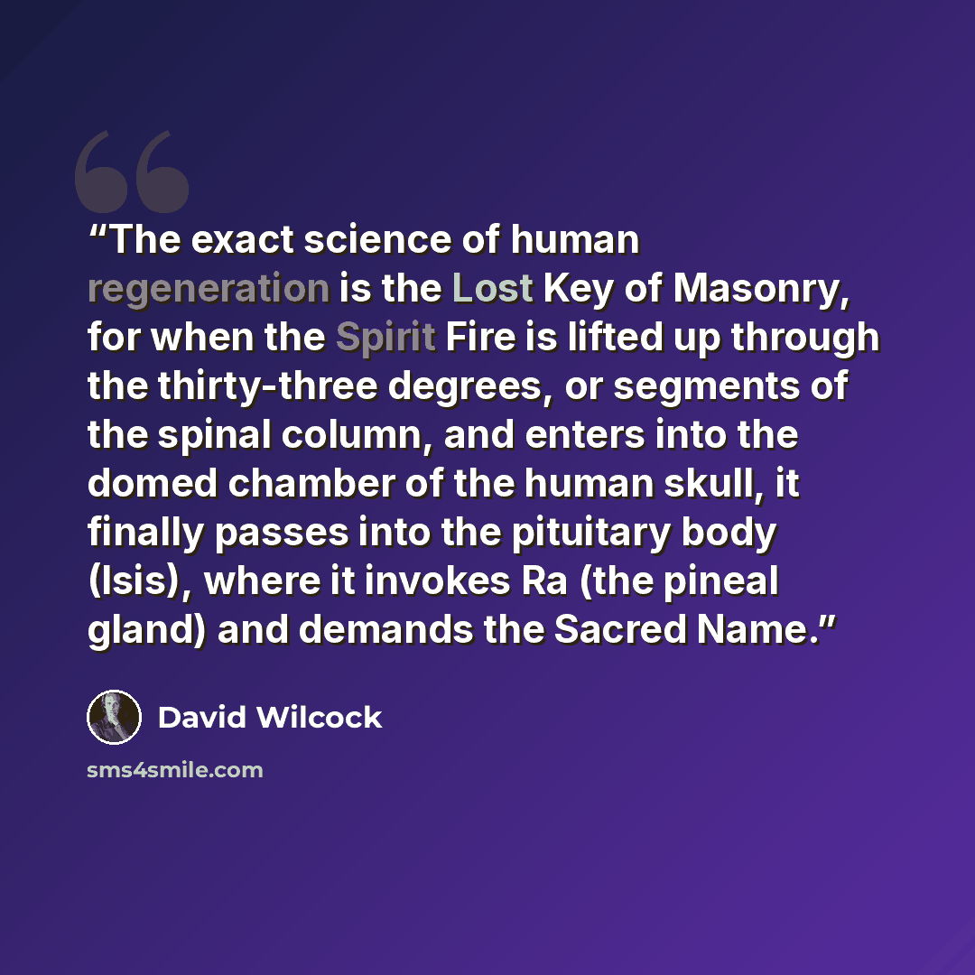 “The exact science of human regeneration is the Lost Key of Masonry, for when the Spirit Fire is lifted up through the thirty-three degrees, or segments of the spinal column, and enters into the domed chamber of the human skull, it finally passes into the pituitary body (Isis), where it invokes Ra…” quote by David Wilcock