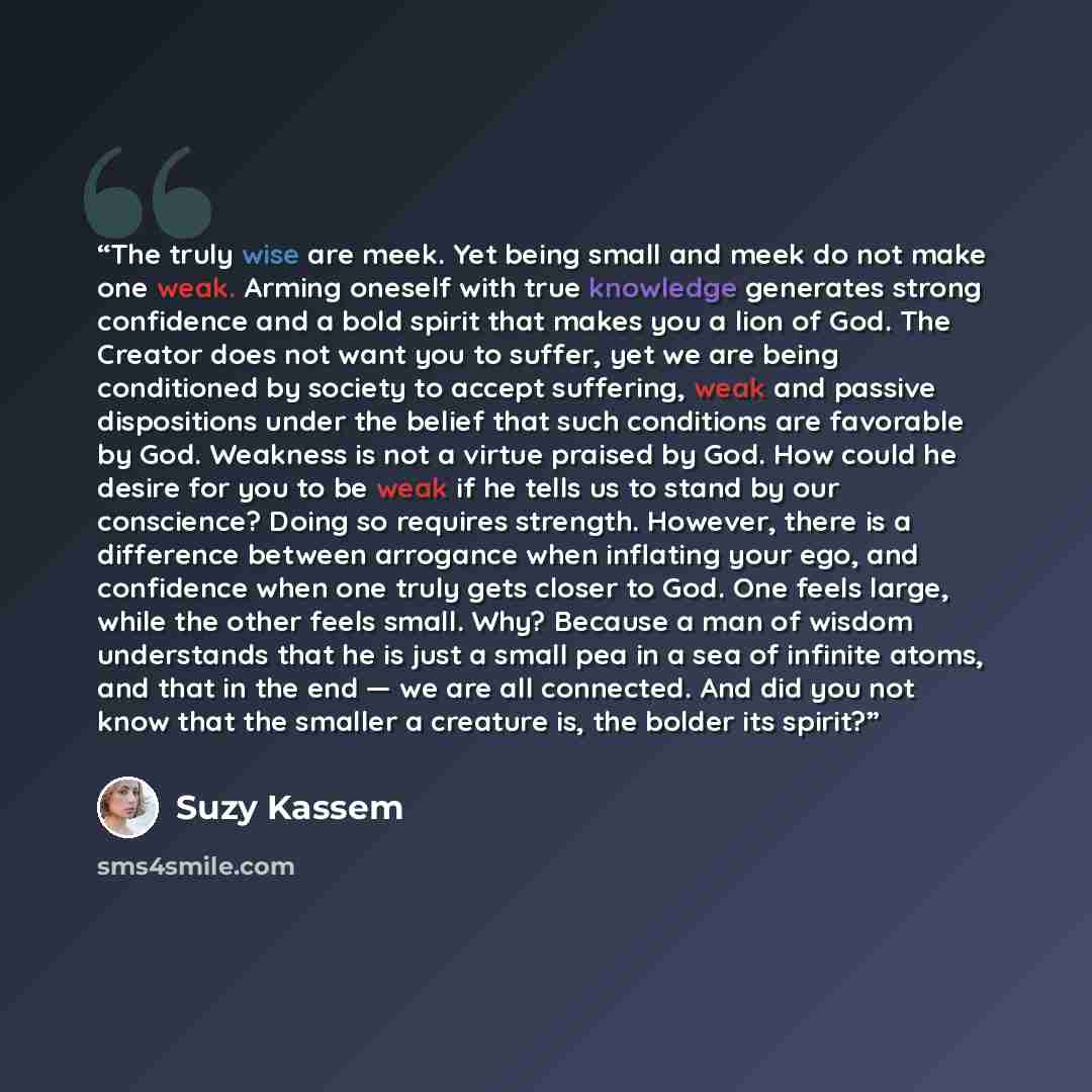 “The truly wise are meek. Yet being small and meek do not make one weak. Arming oneself with true knowledge generates strong confidence and a bold spirit that makes you a lion of God. The Creator does not want you to suffer, yet we are being conditioned by society to accept suffering, weak and…” quote by Suzy Kassem