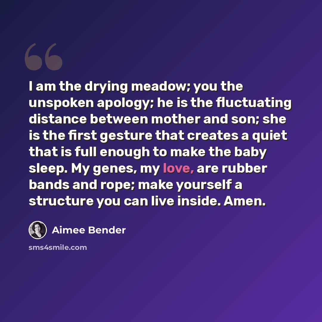 “I am the drying meadow; you the unspoken apology; he is the fluctuating distance between mother and son; she is the first gesture that creates a quiet that is full enough to make the baby sleep. My genes, my love, are rubber bands and rope; make yourself a structure you can live inside. Amen.” quote by Aimee Bender