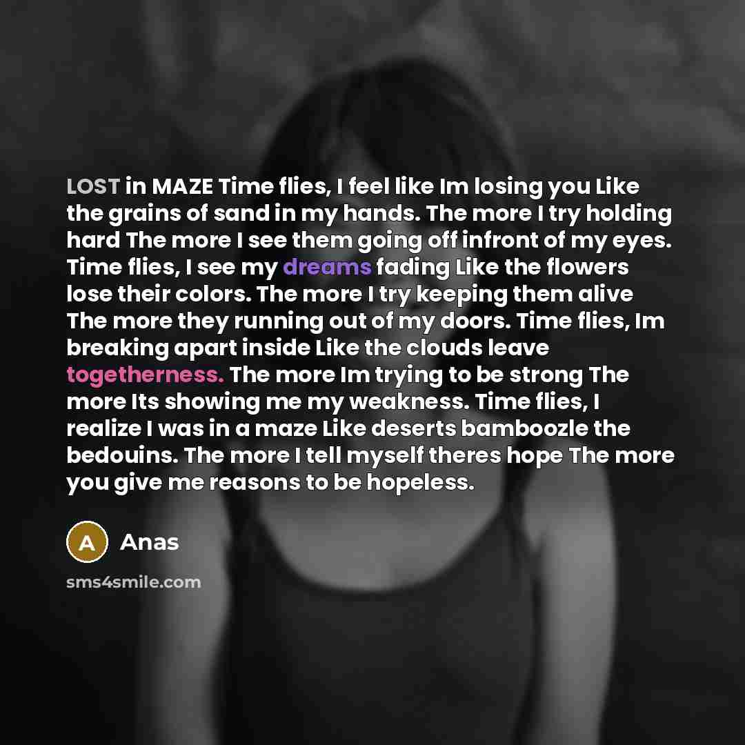 “LOST in MAZE Time flies, I feel like Im losing you Like the grains of sand in my hands. The more I try holding hard The more I see them going off infront of my eyes. Time flies, I see my dreams fading Like the flowers lose their colors. The more I try keeping them alive The more they running out…” quote by Anas