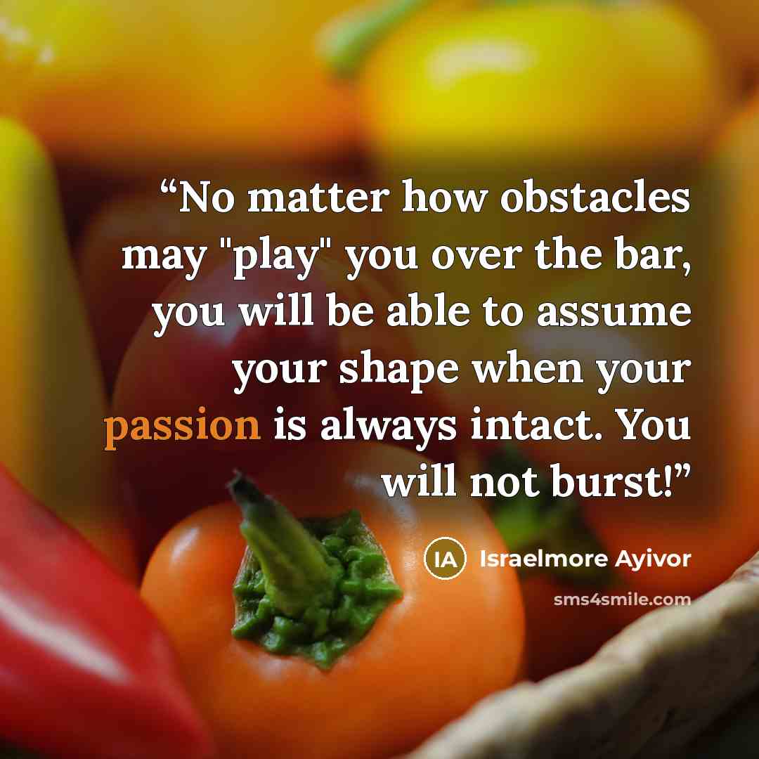 “No matter how obstacles may "play" you over the bar, you will be able to assume your shape when your passion is always intact. You will not burst!” quote by Israelmore Ayivor