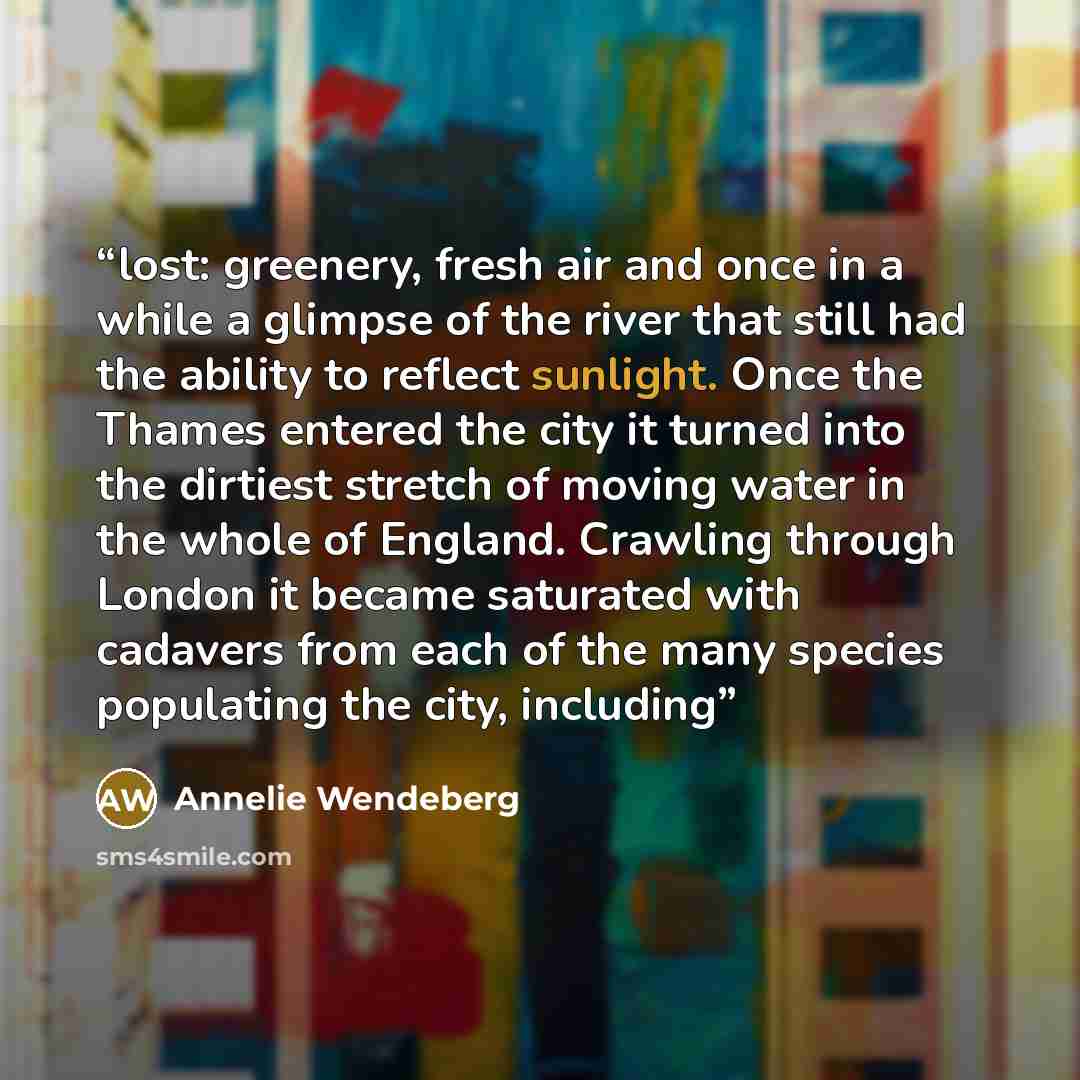 “lost: greenery, fresh air and once in a while a glimpse of the river that still had the ability to reflect sunlight. Once the Thames entered the city it turned into the dirtiest stretch of moving water in the whole of England. Crawling through London it became saturated with cadavers from each of…” quote by Annelie Wendeberg