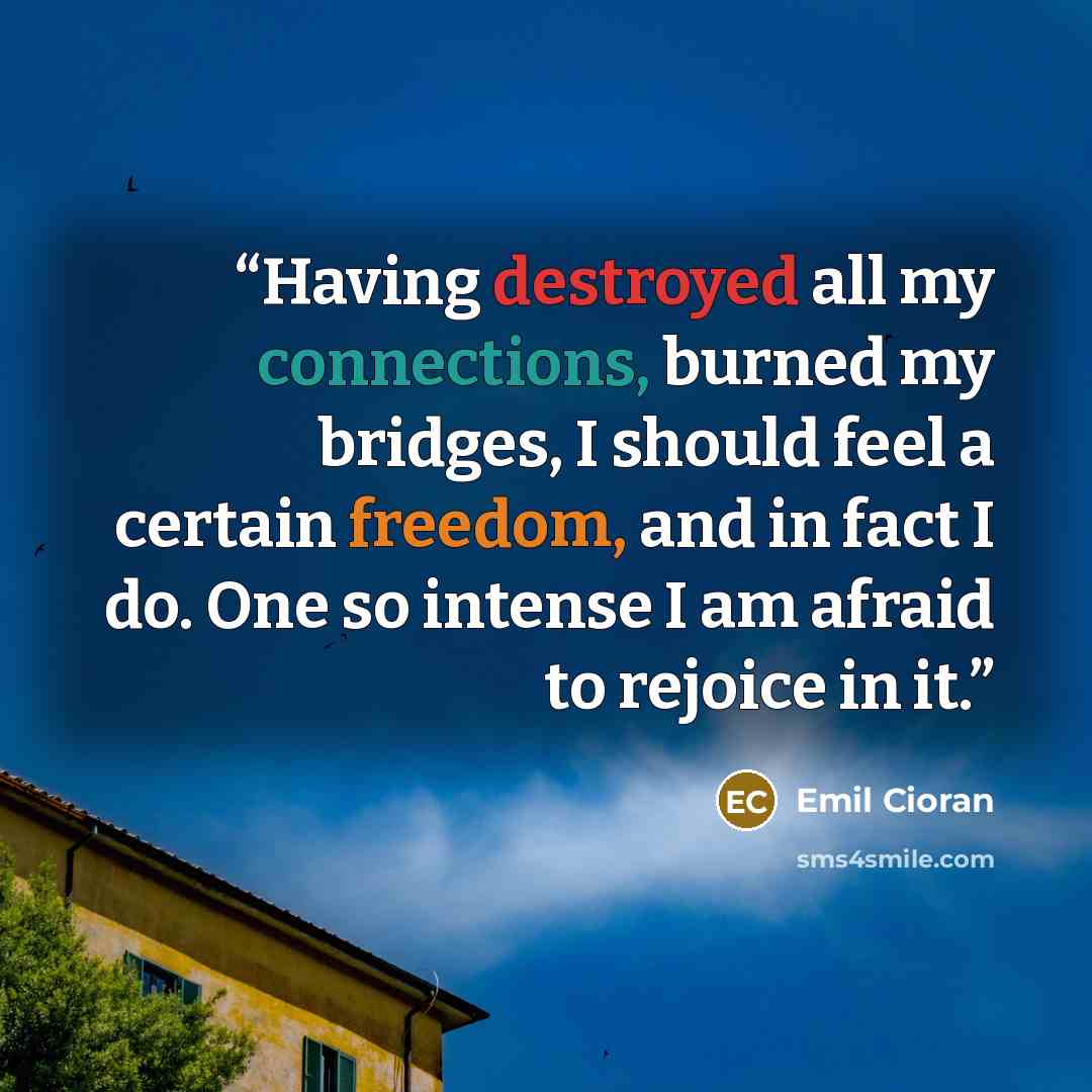 “Having destroyed all my connections, burned my bridges, I should feel a certain freedom, and in fact I do. One so intense I am afraid to rejoice in it.” quote by Emil Cioran