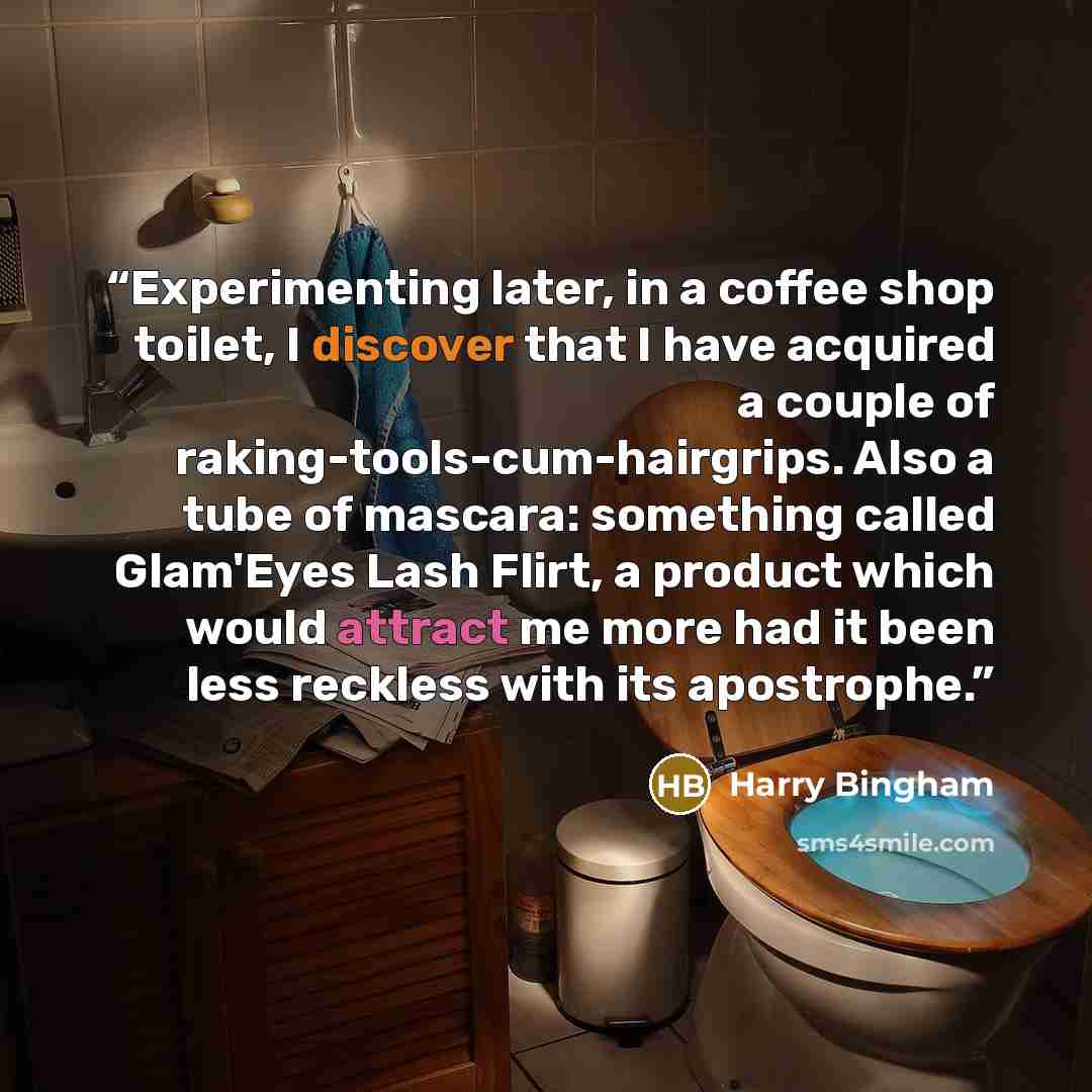 “Experimenting later, in a coffee shop toilet, I discover that I have acquired a couple of raking-tools-cum-hairgrips. Also a tube of mascara: something called Glam'Eyes Lash Flirt, a product which would attract me more had it been less reckless with its apostrophe.” quote by Harry Bingham