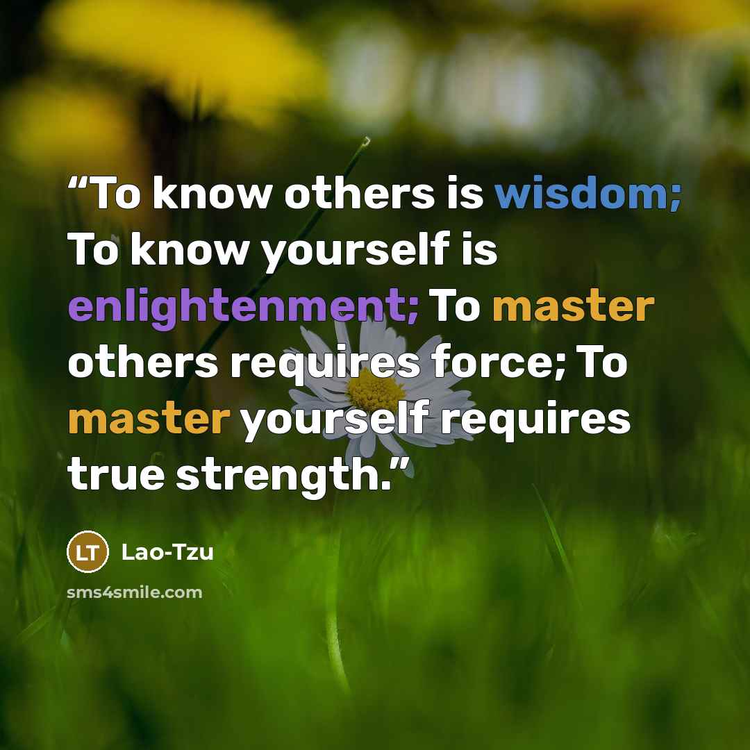 “To know others is wisdom; To know yourself is enlightenment; To master others requires force; To master yourself requires true strength.” quote by Lao-Tzu