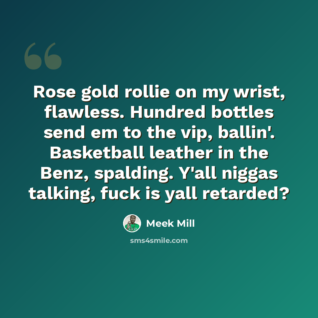 “Rose gold rollie on my wrist, flawless. Hundred bottles send em to the vip, ballin'. Basketball leather in the Benz, spalding. Y'all niggas talking, fuck is yall retarded?” quote by Meek Mill