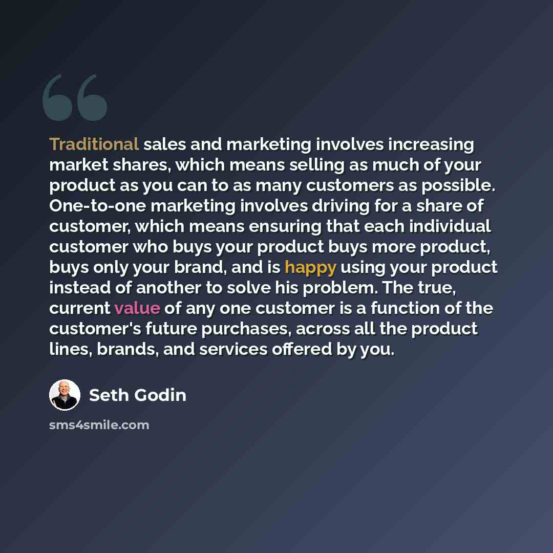 “Traditional sales and marketing involves increasing market shares, which means selling as much of your product as you can to as many customers as possible. One-to-one marketing involves driving for a share of customer, which means ensuring that each individual customer who buys your product buys…” quote by Seth Godin