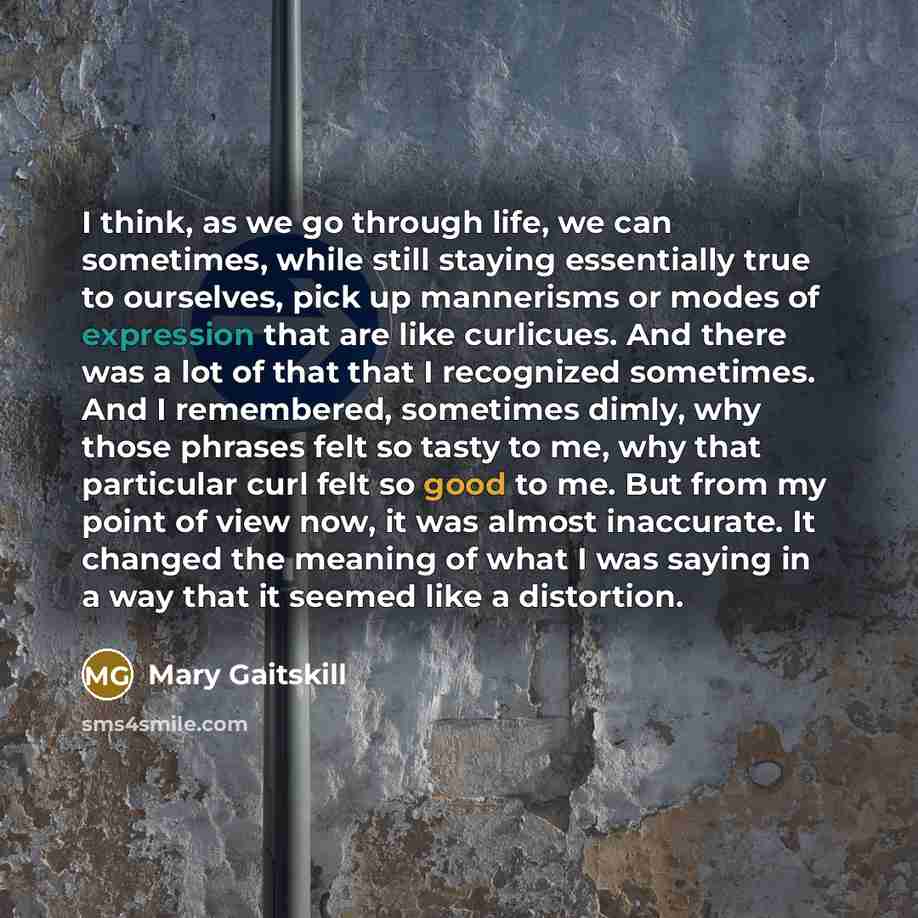 “I think, as we go through life, we can sometimes, while still staying essentially true to ourselves, pick up mannerisms or modes of expression that are like curlicues. And there was a lot of that that I recognized sometimes. And I remembered, sometimes dimly, why those phrases felt so tasty to me…” quote by Mary Gaitskill