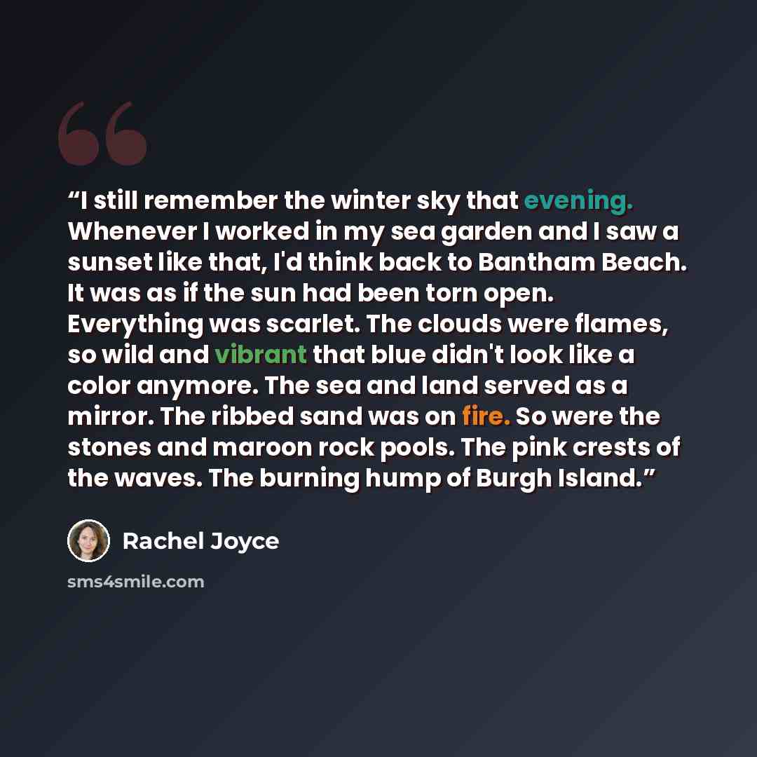 “I still remember the winter sky that evening. Whenever I worked in my sea garden and I saw a sunset like that, I'd think back to Bantham Beach. It was as if the sun had been torn open. Everything was scarlet. The clouds were flames, so wild and vibrant that blue didn't look like a color anymore…” quote by rachel joyce