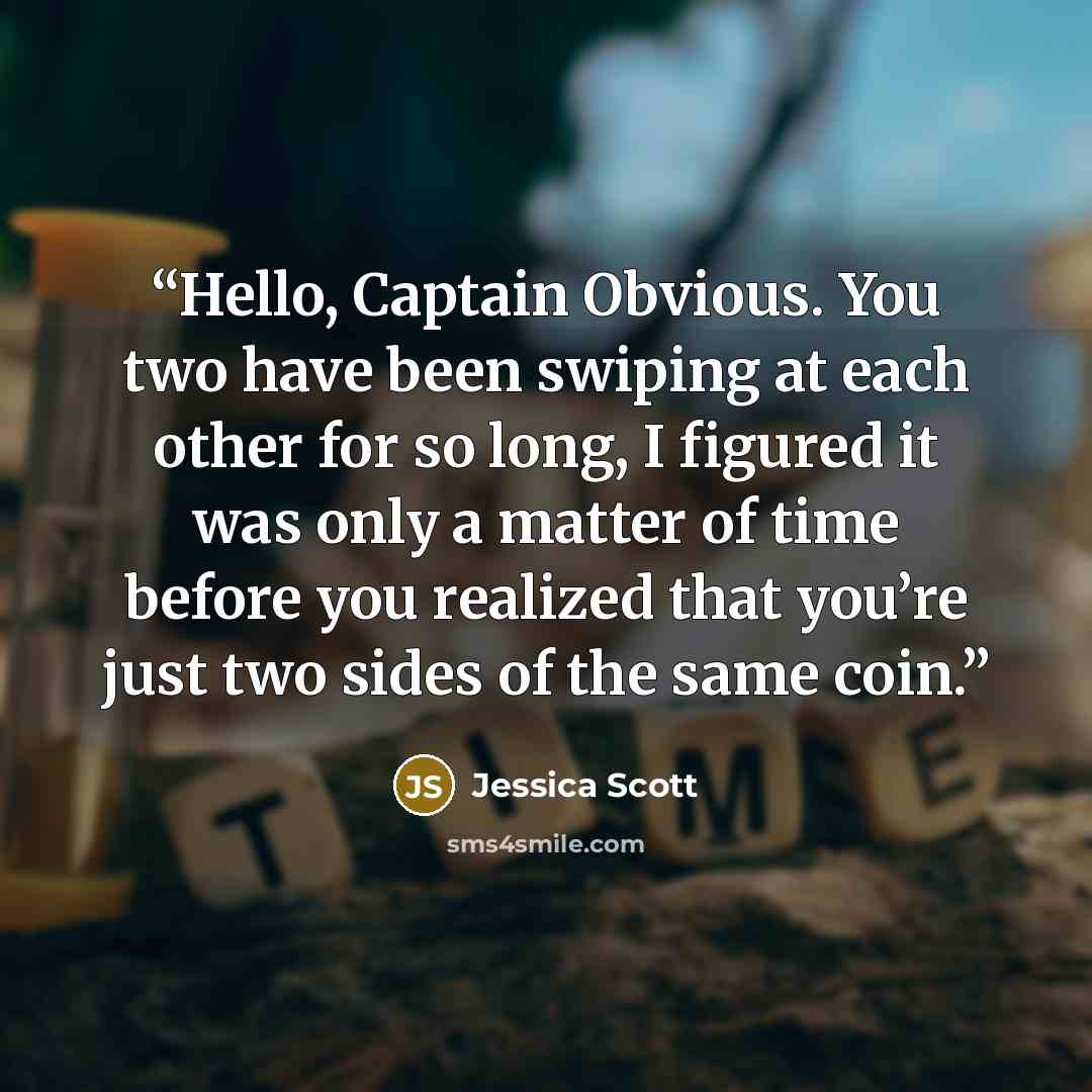 “Hello, Captain Obvious. You two have been swiping at each other for so long, I figured it was only a matter of time before you realized that you’re just two sides of the same coin.” quote by Jessica Scott