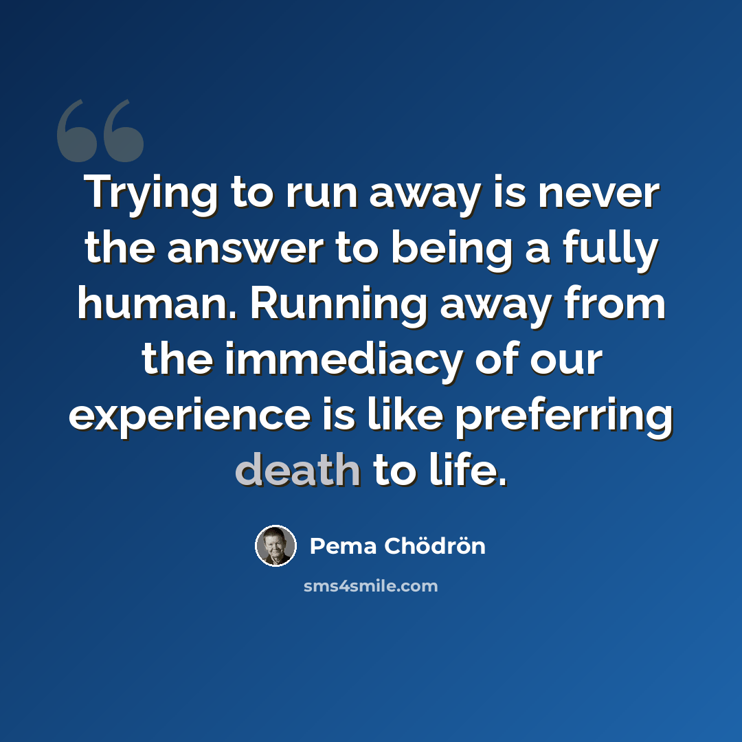 “Trying to run away is never the answer to being a fully human. Running away from the immediacy of our experience is like preferring death to life.” quote by Pema Chodron