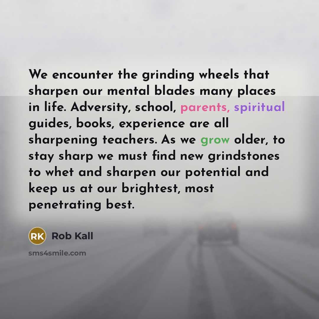 “We encounter the grinding wheels that sharpen our mental blades many places in life. Adversity, school, parents, spiritual guides, books, experience are all sharpening teachers. As we grow older, to stay sharp we must find new grindstones to whet and sharpen our potential and keep us at our…” quote by Rob Kall