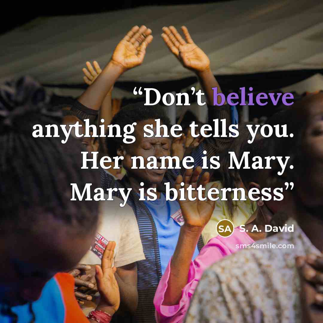 “Don’t believe anything she tells you. Her name is Mary. Mary is bitterness” quote by S. A. David