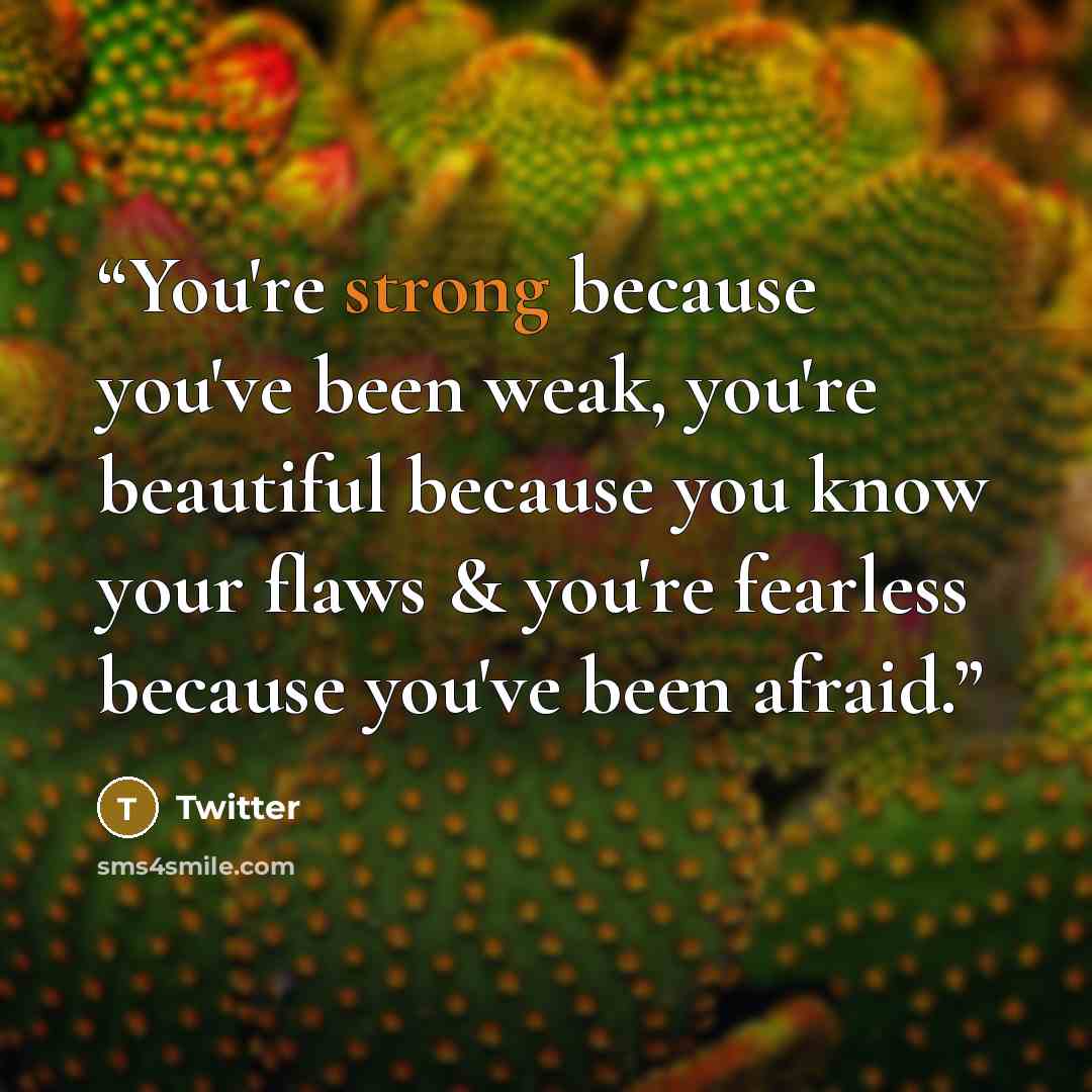 “You're strong because you've been weak, you're beautiful because you know your flaws & you're fearless because you've been afraid.” quote by Twitter