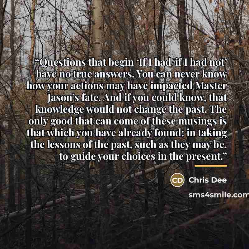 “Questions that begin ‘If I had/if I had not’ have no true answers. You can never know how your actions may have impacted Master Jason’s fate. And if you could know, that knowledge would not change the past. The only good that can come of these musings is that which you have already found: in…” quote by Chris Dee