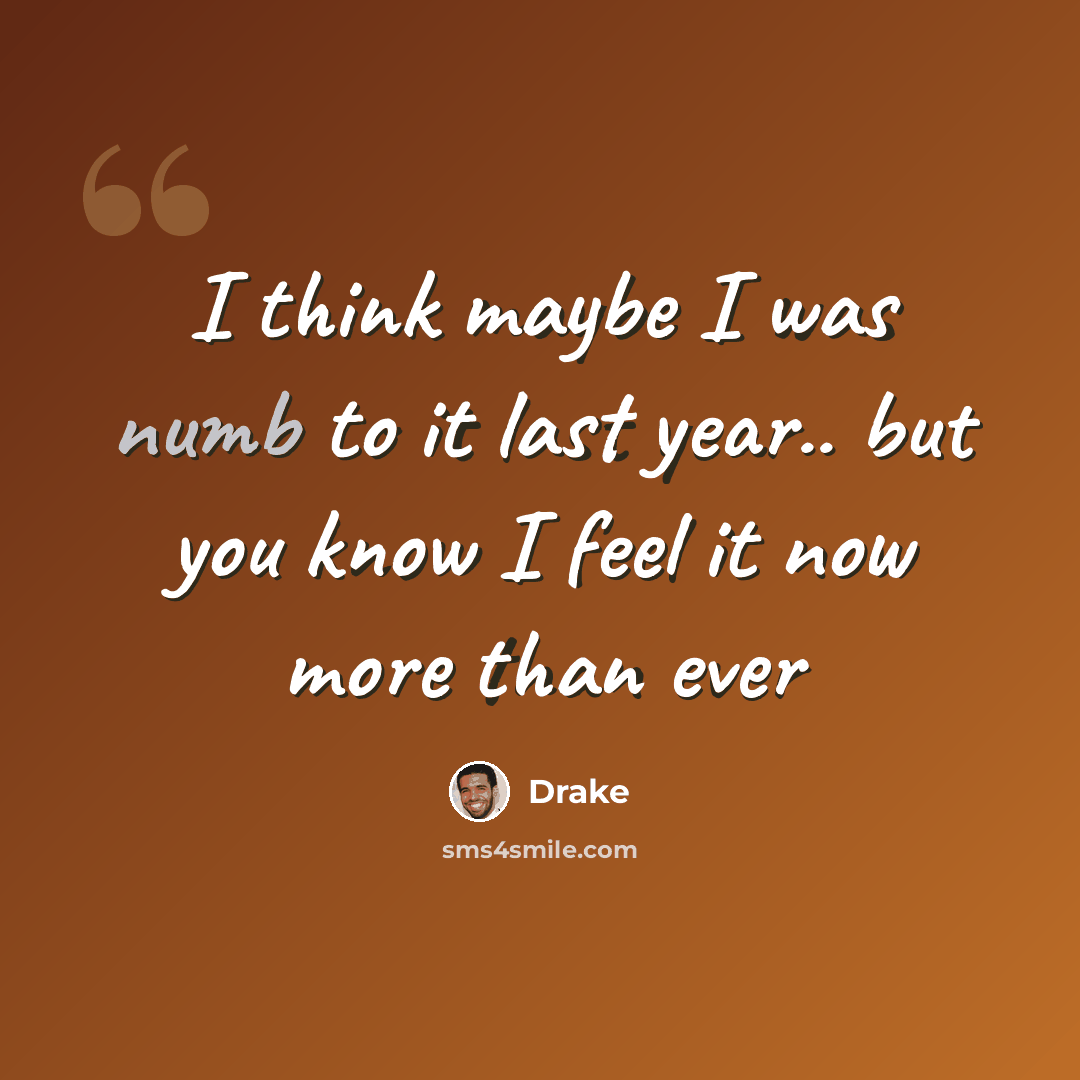 “I think maybe I was numb to it last year.. but you know I feel it now more than ever” quote by Drake