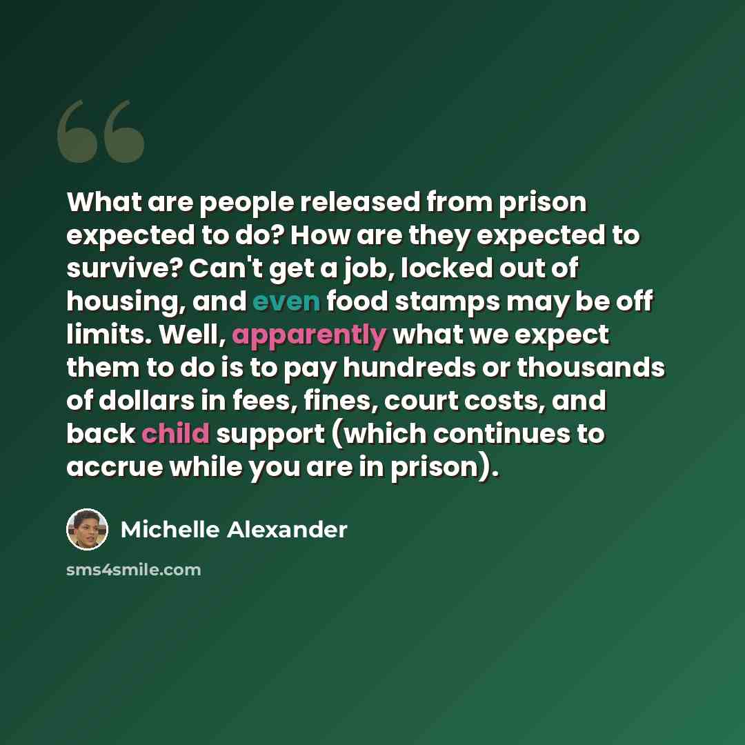 “What are people released from prison expected to do? How are they expected to survive? Can't get a job, locked out of housing, and even food stamps may be off limits. Well, apparently what we expect them to do is to pay hundreds or thousands of dollars in fees, fines, court costs, and back child…” quote by Michelle Alexander