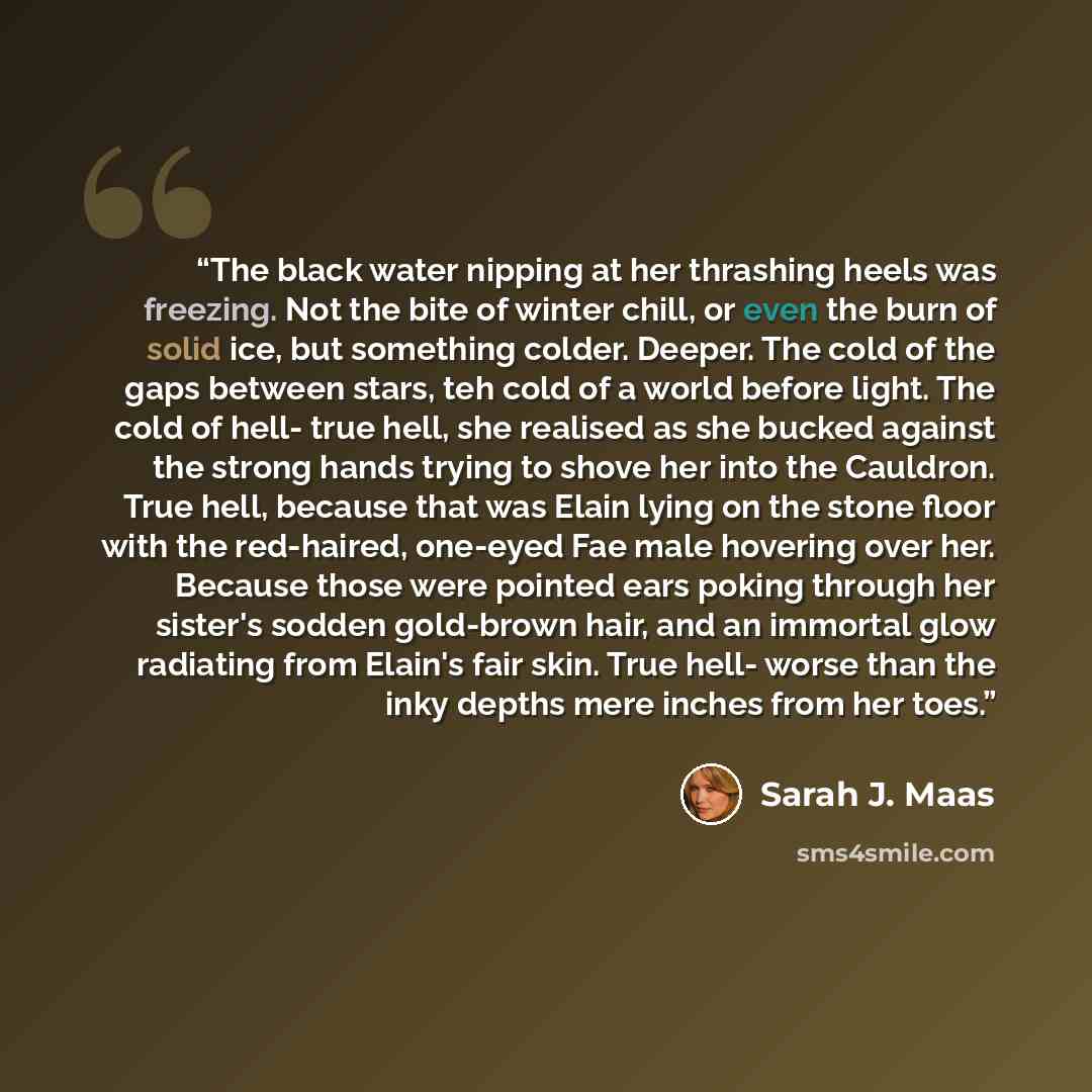 “The black water nipping at her thrashing heels was freezing. Not the bite of winter chill, or even the burn of solid ice, but something colder. Deeper. The cold of the gaps between stars, teh cold of a world before light. The cold of hell- true hell, she realised as she bucked against the strong…” quote by Sarah J. Maas