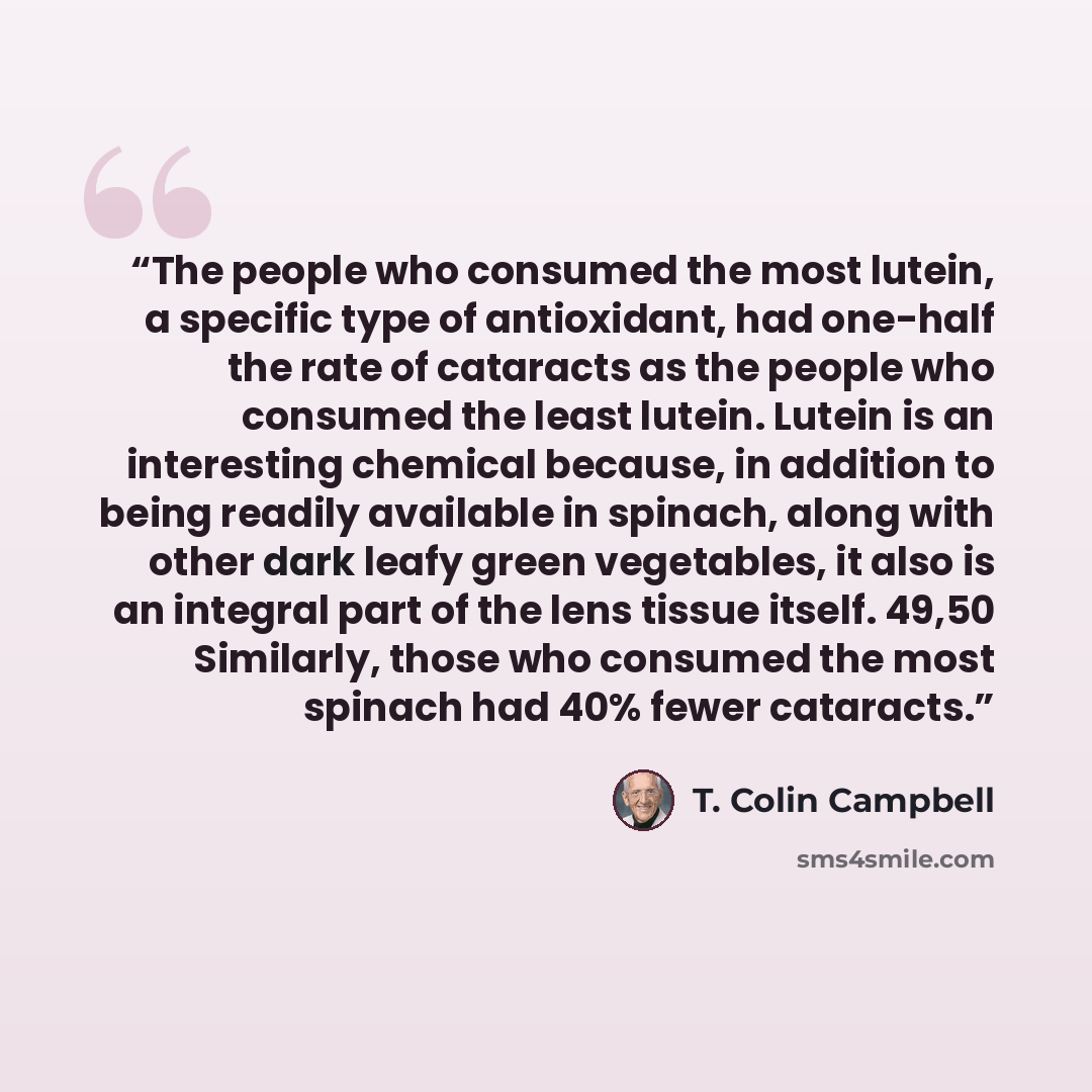 “The people who consumed the most lutein, a specific type of antioxidant, had one-half the rate of cataracts as the people who consumed the least lutein. Lutein is an interesting chemical because, in addition to being readily available in spinach, along with other dark leafy green vegetables, it…” quote by T. Colin Campbell