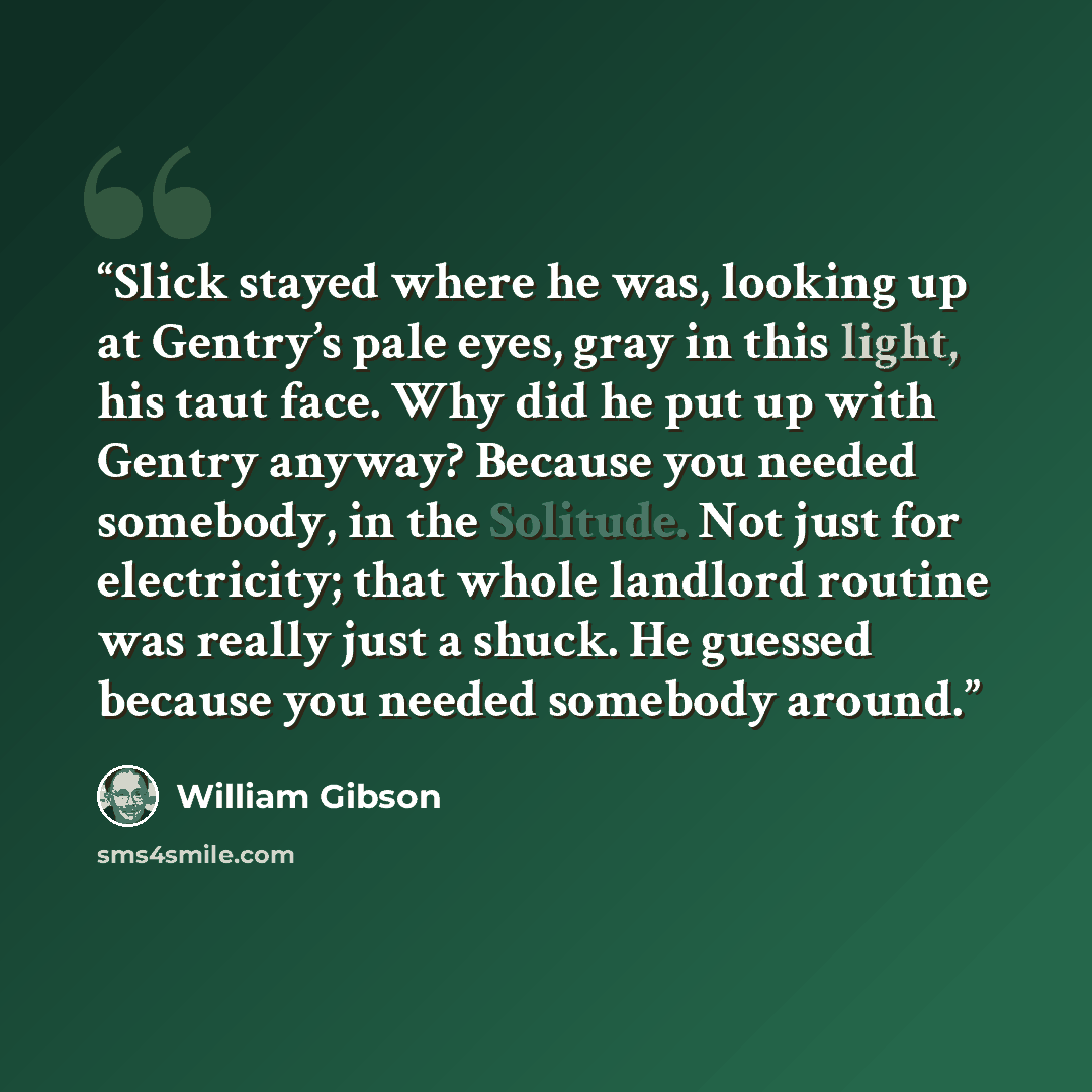 “Slick stayed where he was, looking up at Gentry’s pale eyes, gray in this light, his taut face. Why did he put up with Gentry anyway? Because you needed somebody, in the Solitude. Not just for electricity; that whole landlord routine was really just a shuck. He guessed because you needed somebody…” quote by William Gibson