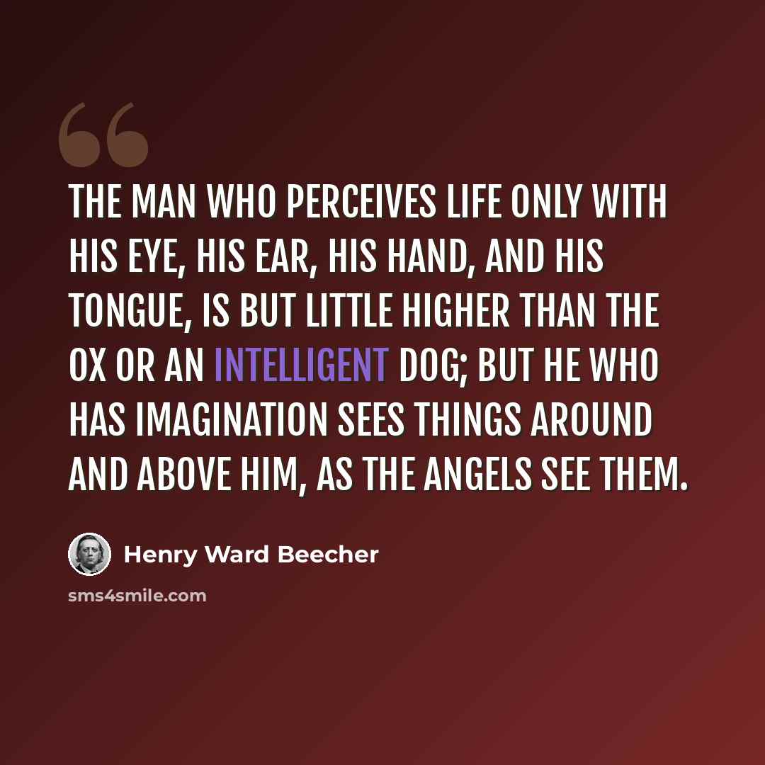 “The man who perceives life only with his eye, his ear, his hand, and his tongue, is but little higher than the ox or an intelligent dog; but he who has imagination sees things around and above him, as the angels see them.” quote by Henry Ward Beecher