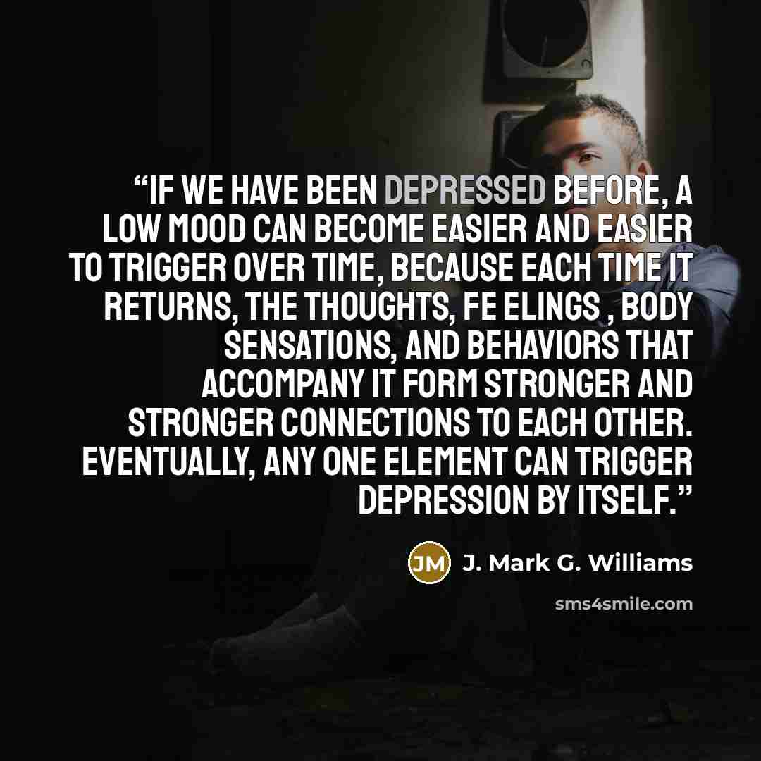 “If we have been depressed before, a low mood can become easier and easier to trigger over time, because each time it returns, the thoughts, fe elings , body sensations, and behaviors that accompany it form stronger and stronger connections to each other. Eventually, any one element can trigger…” quote by J. Mark G. Williams