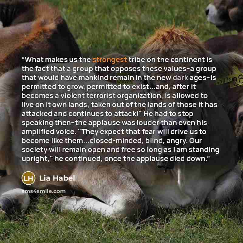“What makes us the strongest tribe on the continent is the fact that a group that opposes these values--a group that would have mankind remain in the new dark ages--is permitted to grow, permitted to exist...and, after it becomes a violent terrorist organization, is allowed to live on it own lands…” quote by Lia Habel